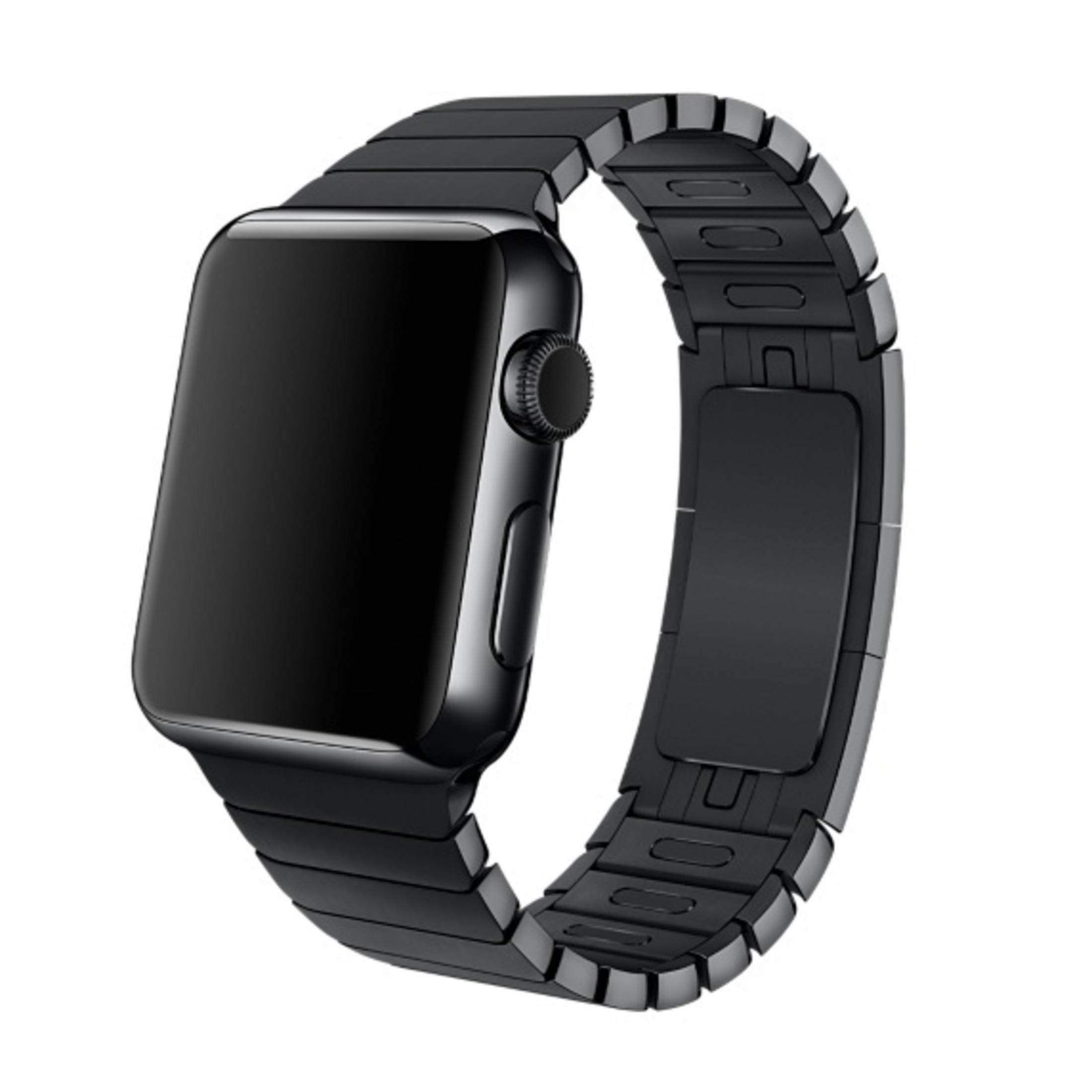 Eine schwarze Apple Watch mit schwarzem Edelstahlarmband, vor weißem Hintergrund.