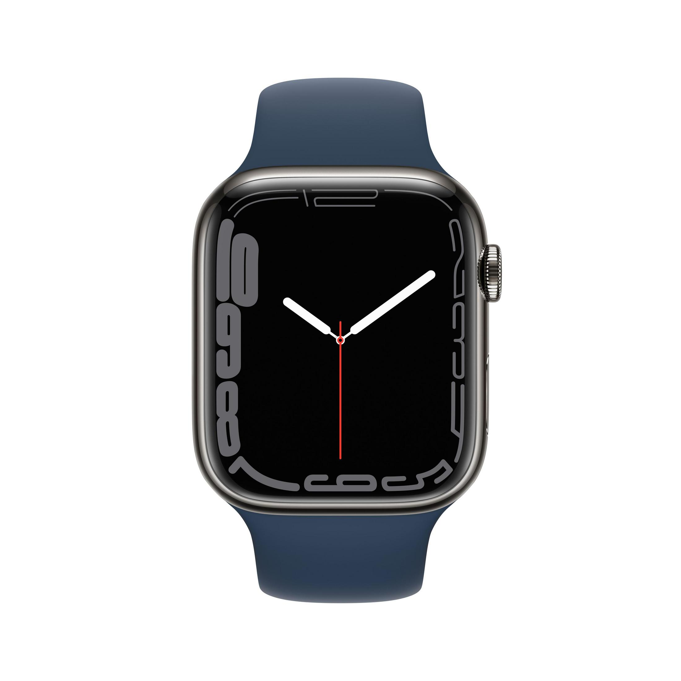 Silberne Apple Watch mit dunkelblauem Armband, schwarzem Bildschirm und weißen Zeigern.