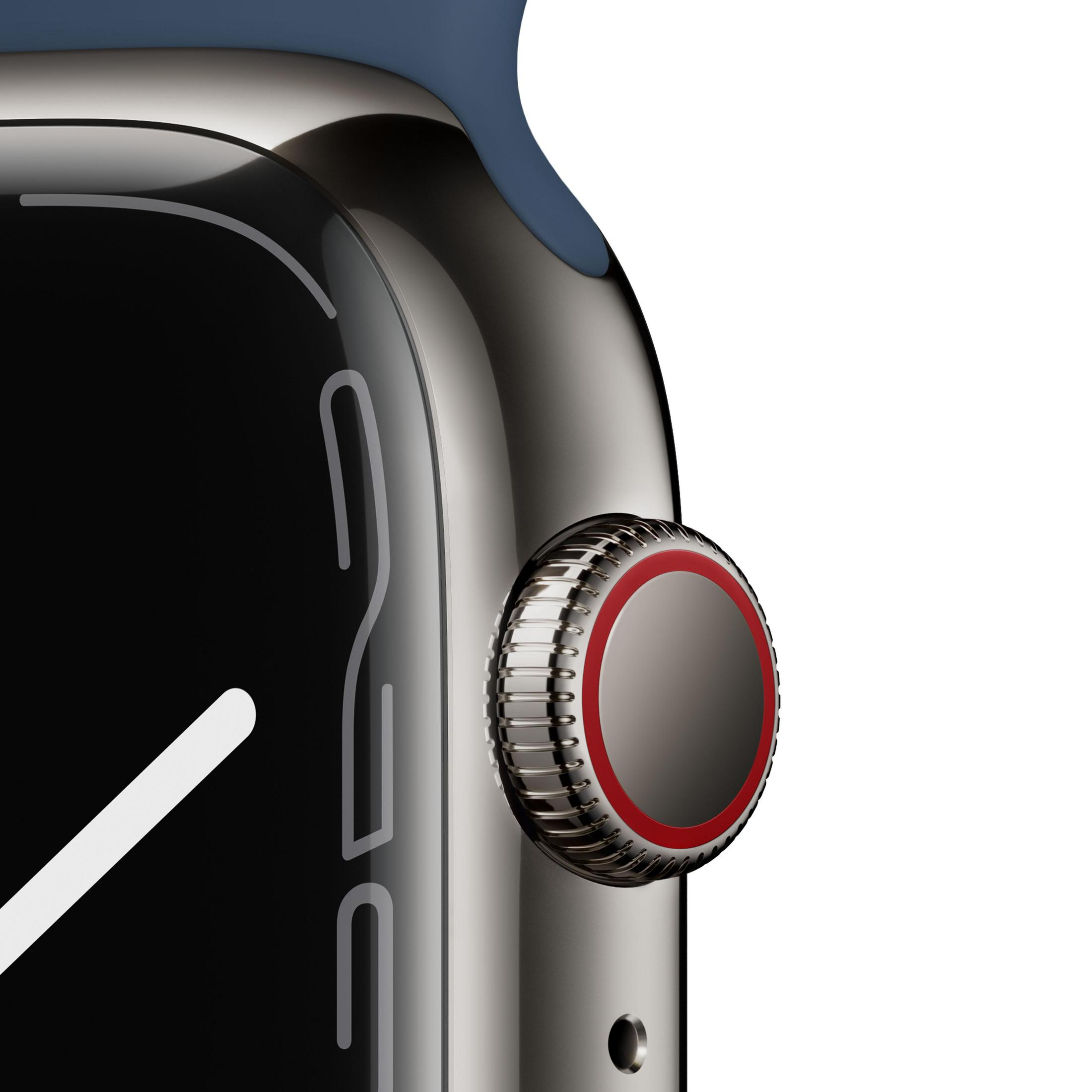 Nahaufnahme einer silbernen Apple Watch. Schwarzer Bildschirm und rotes Knopfelement.