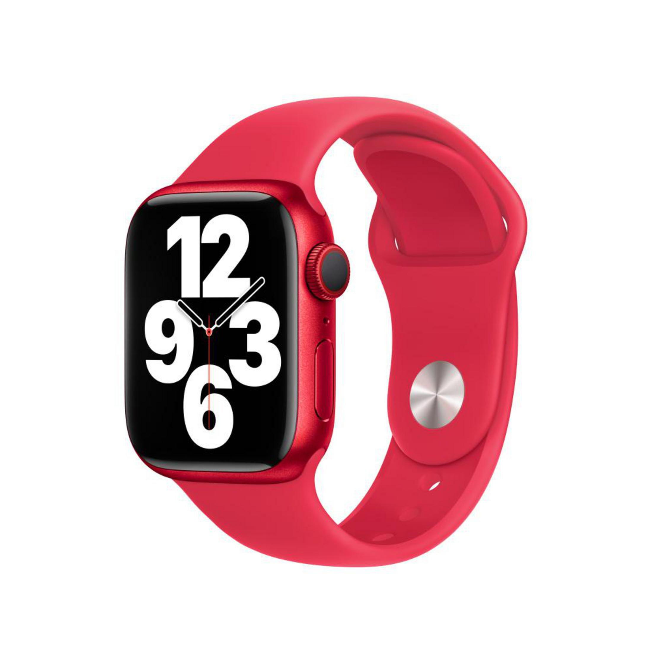 Red Apple Watch with a red band, displaying the time 12:03 on the screen.