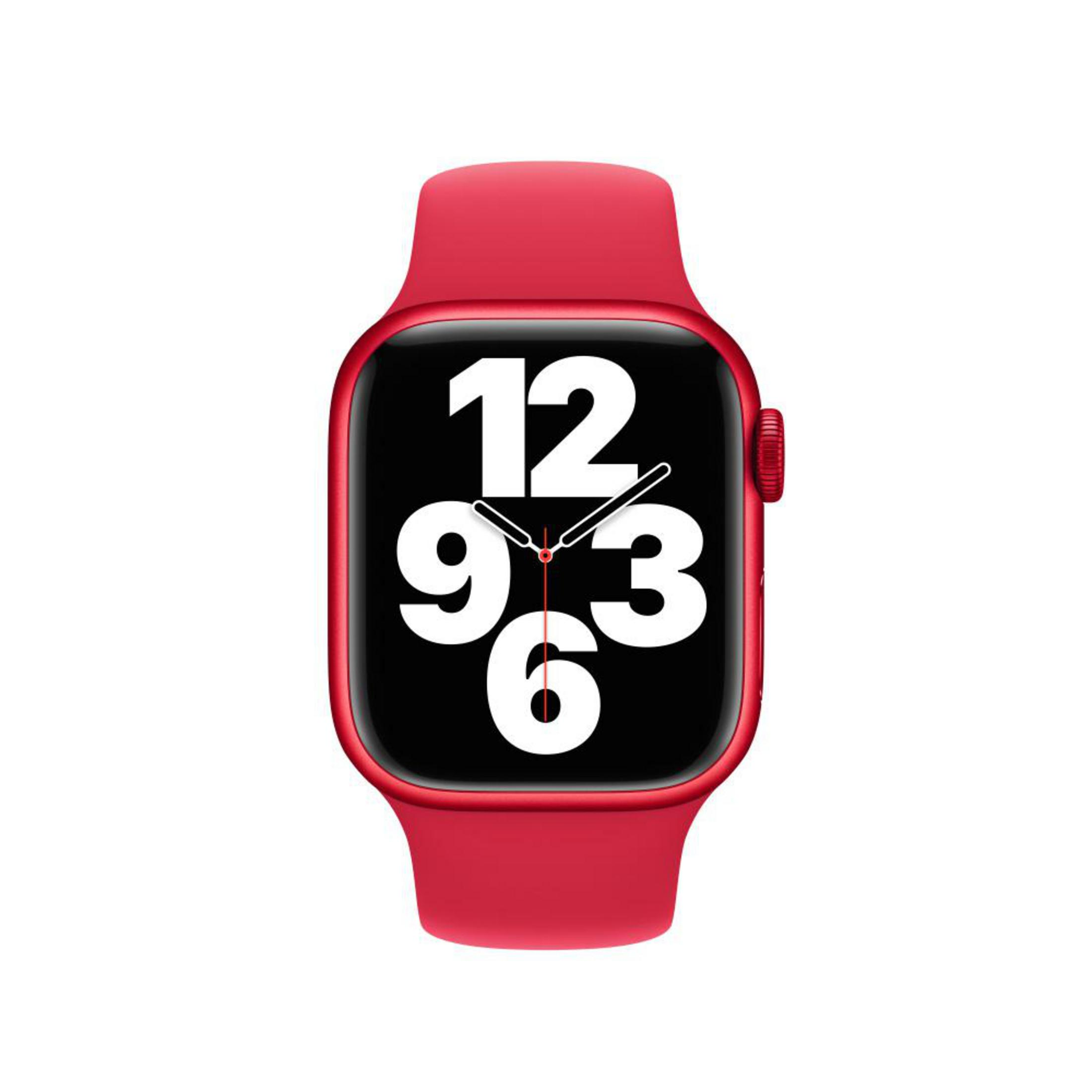 Red smartwatch with a black screen displaying numbers. The watch has a red band.