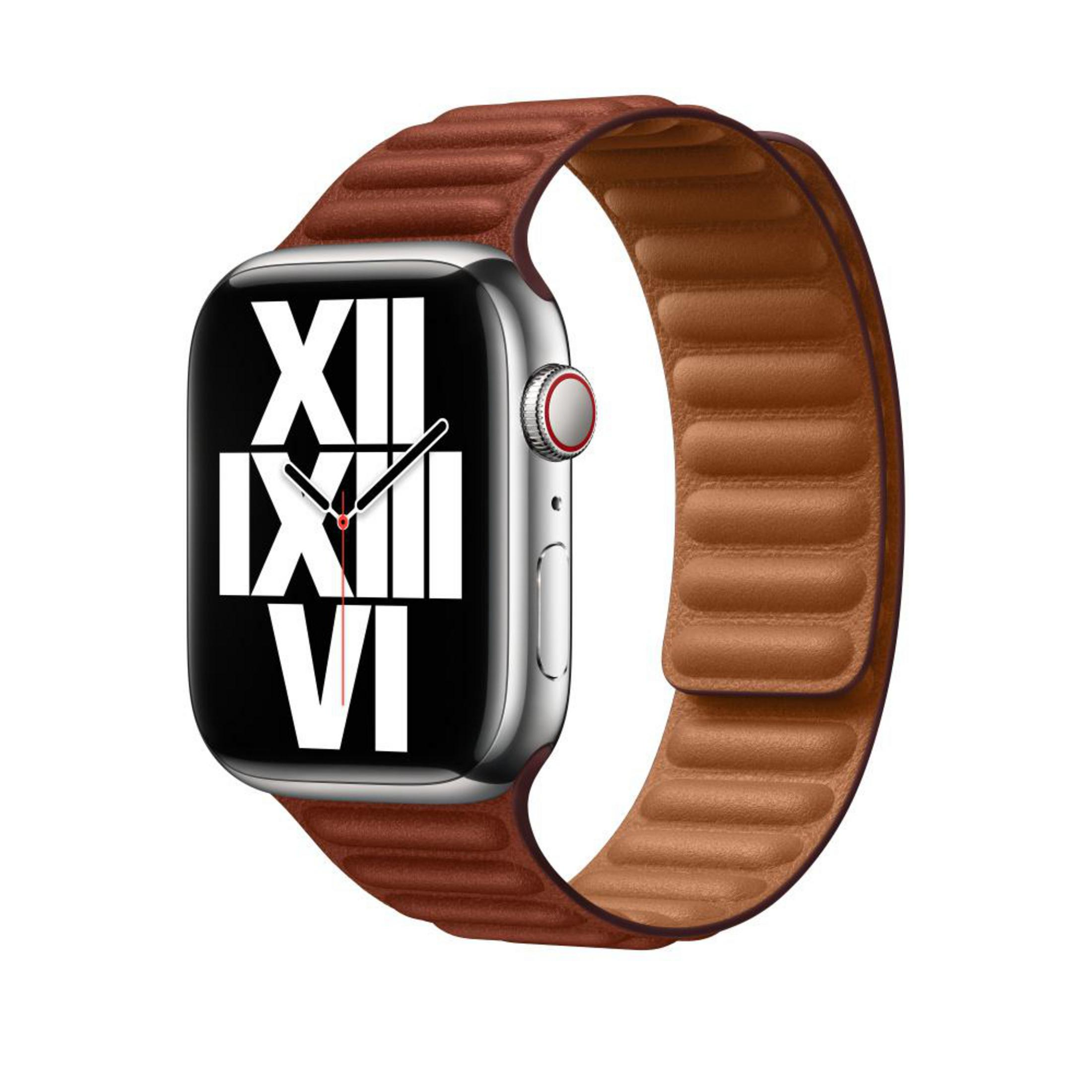 A brown leather Apple Watch with a silver watch face, showing the time.
