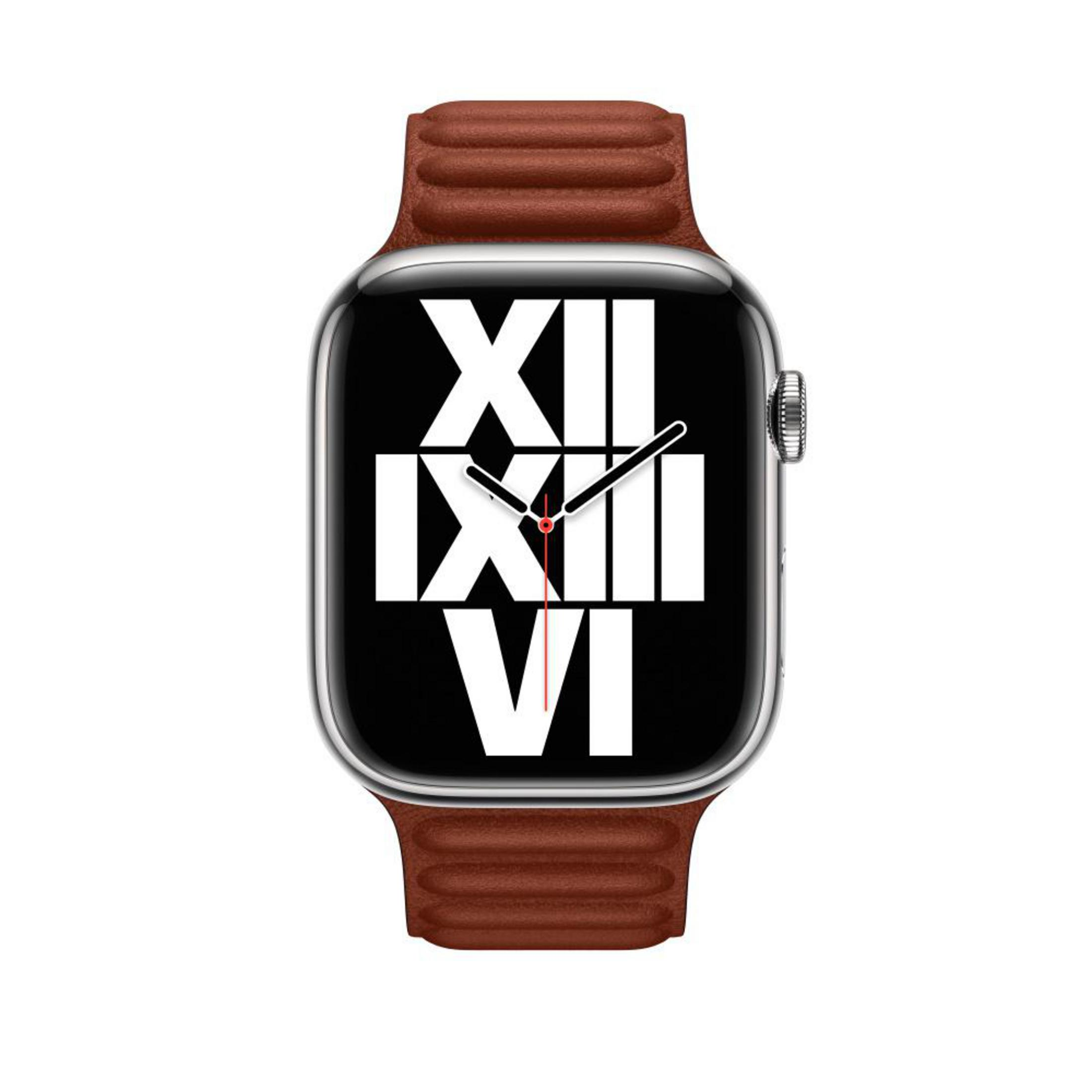 Apple Watch with brown leather band, displaying a black screen with Roman numerals.