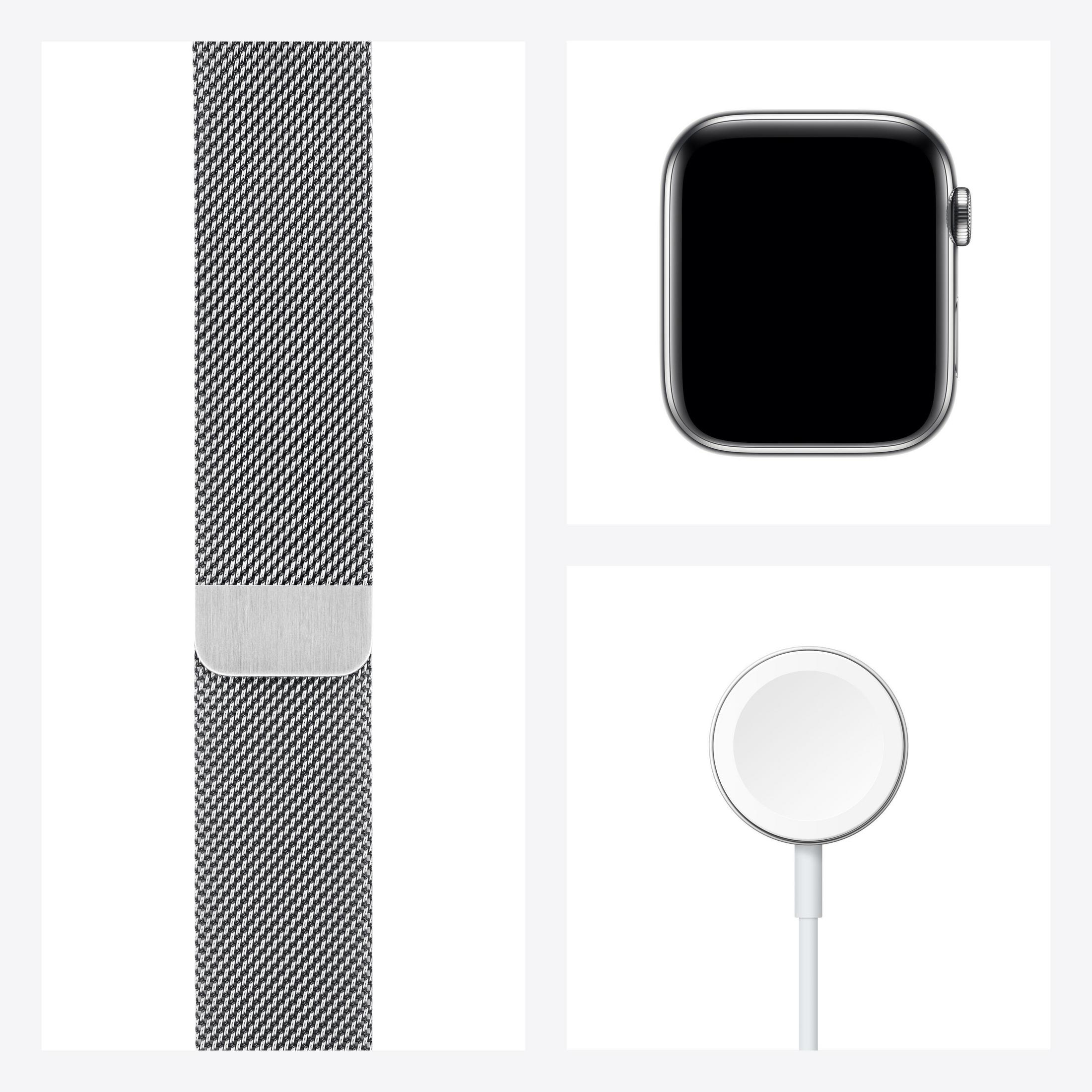 Silbernes Apple Watch Armband, Zifferblatt und Ladegerät. Komponenten sind auf weißem Hintergrund isoliert.