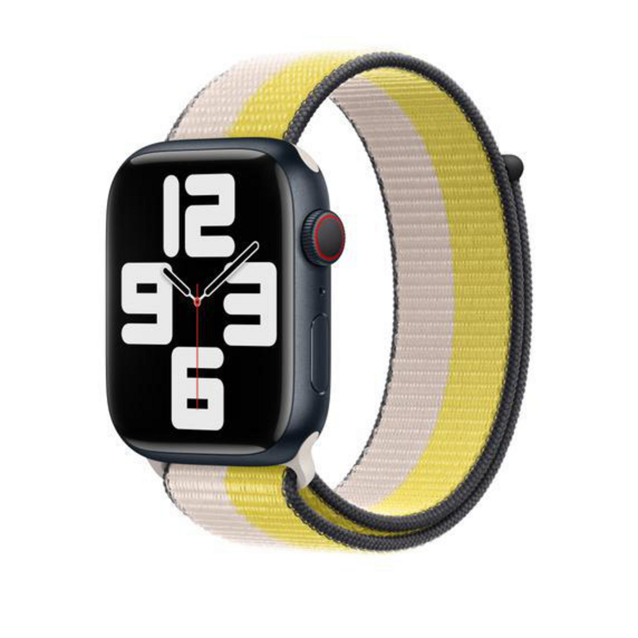 Czarny Apple Watch z żółto-kremowym paskiem w paski. Zegarek pokazuje godzinę '12:36'.