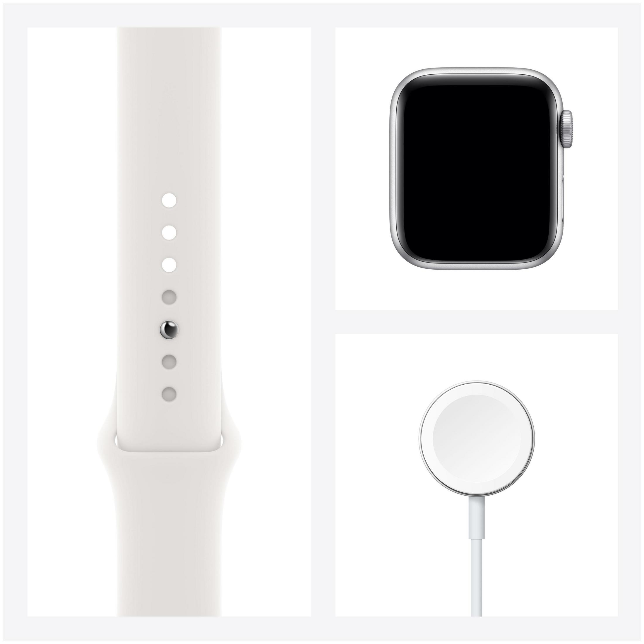 Witte Apple Watch-band, wijzerplaat en oplaadschijf op witte achtergrond.