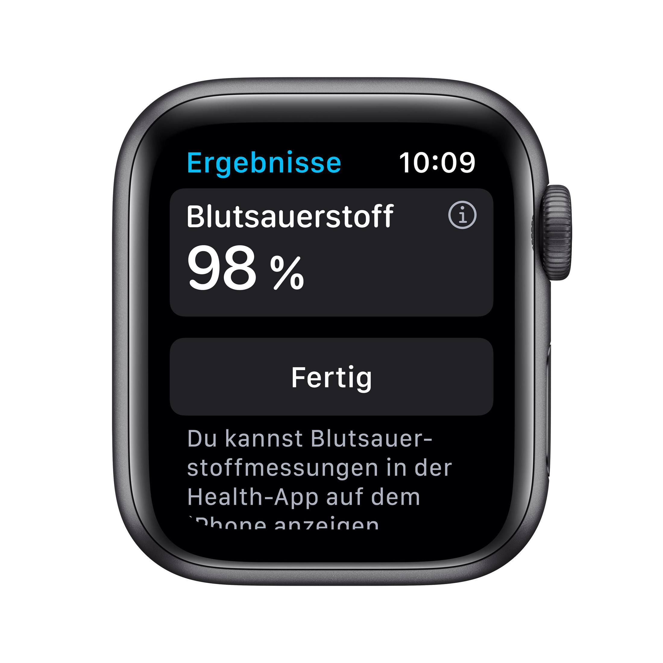 Apple Watch-Bildschirm zeigt Blutsauerstoffgehalt von 98% mit schwarzem Hintergrund.