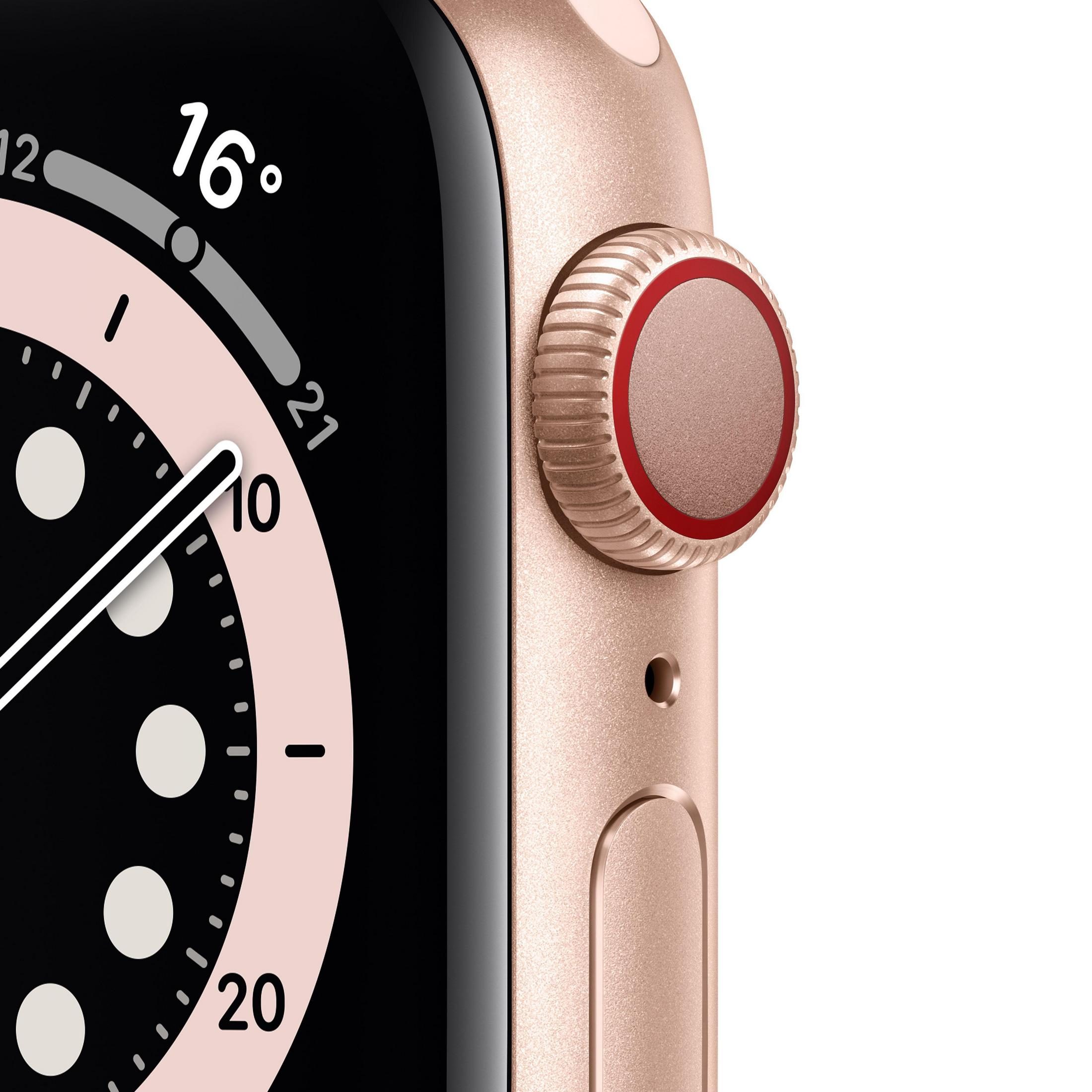 Nahaufnahme einer roségoldenen Apple Watch. Der Bildschirm zeigt ein Zifferblatt mit Zeit und Temperatur.