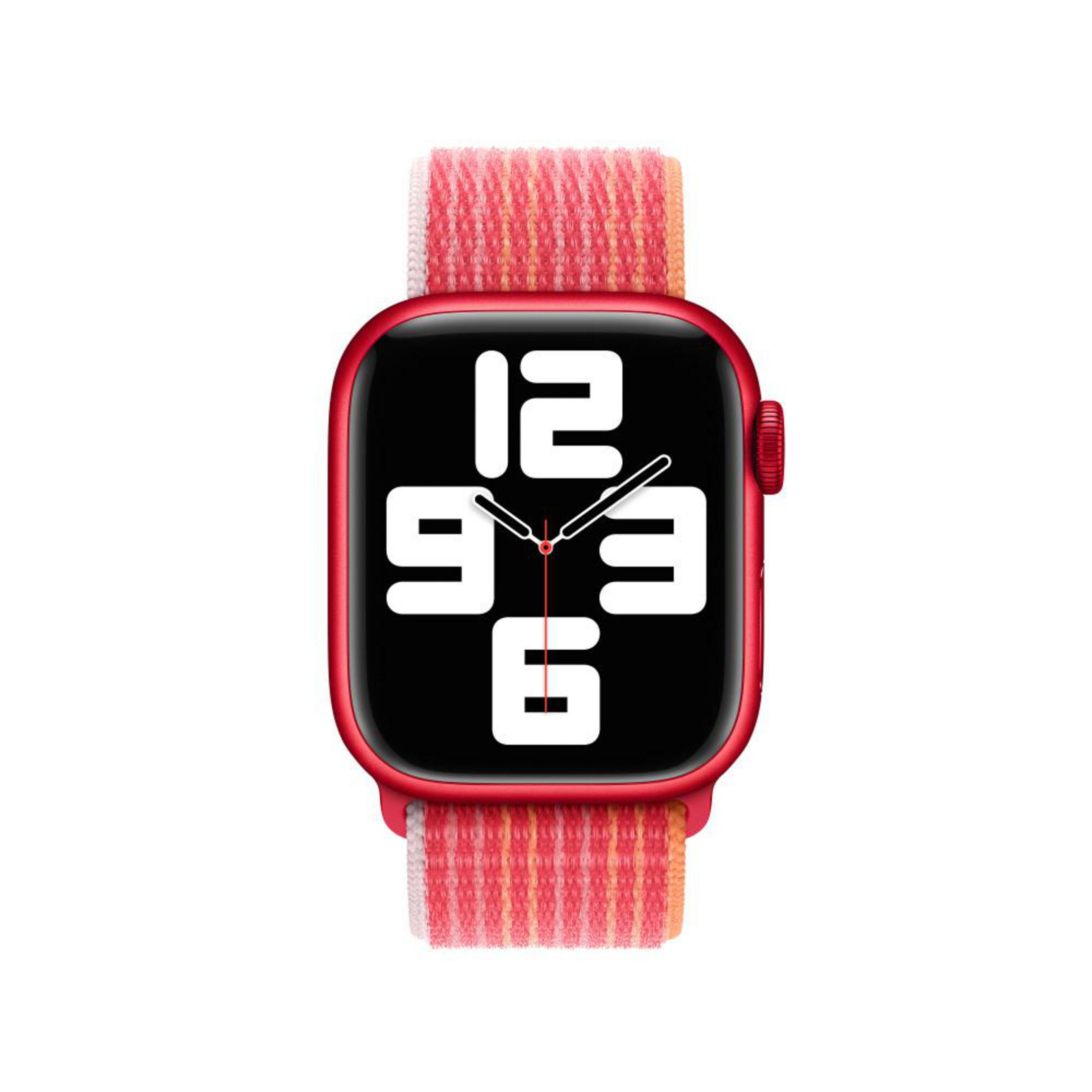 Red Apple Watch with a red and orange fabric band, displaying the time 12:03 and date.