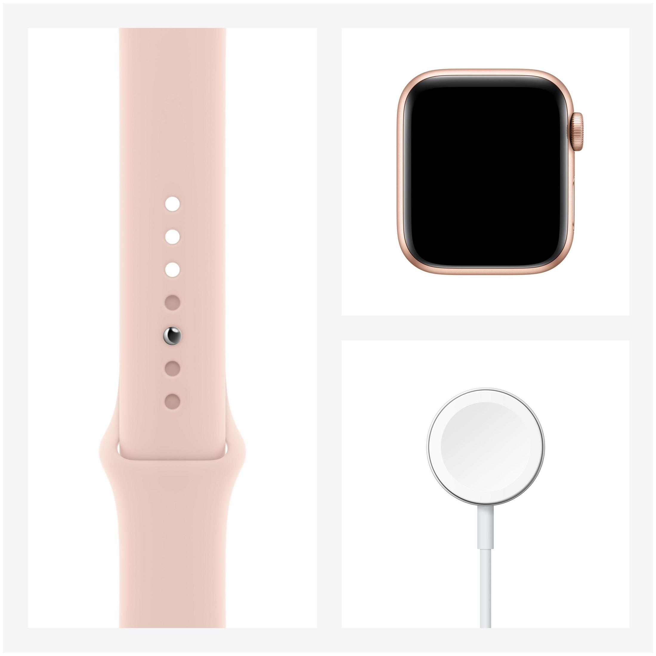 Apple Watch, Armband und Ladepuck auf weißem Hintergrund, Farben und Details zeigend.