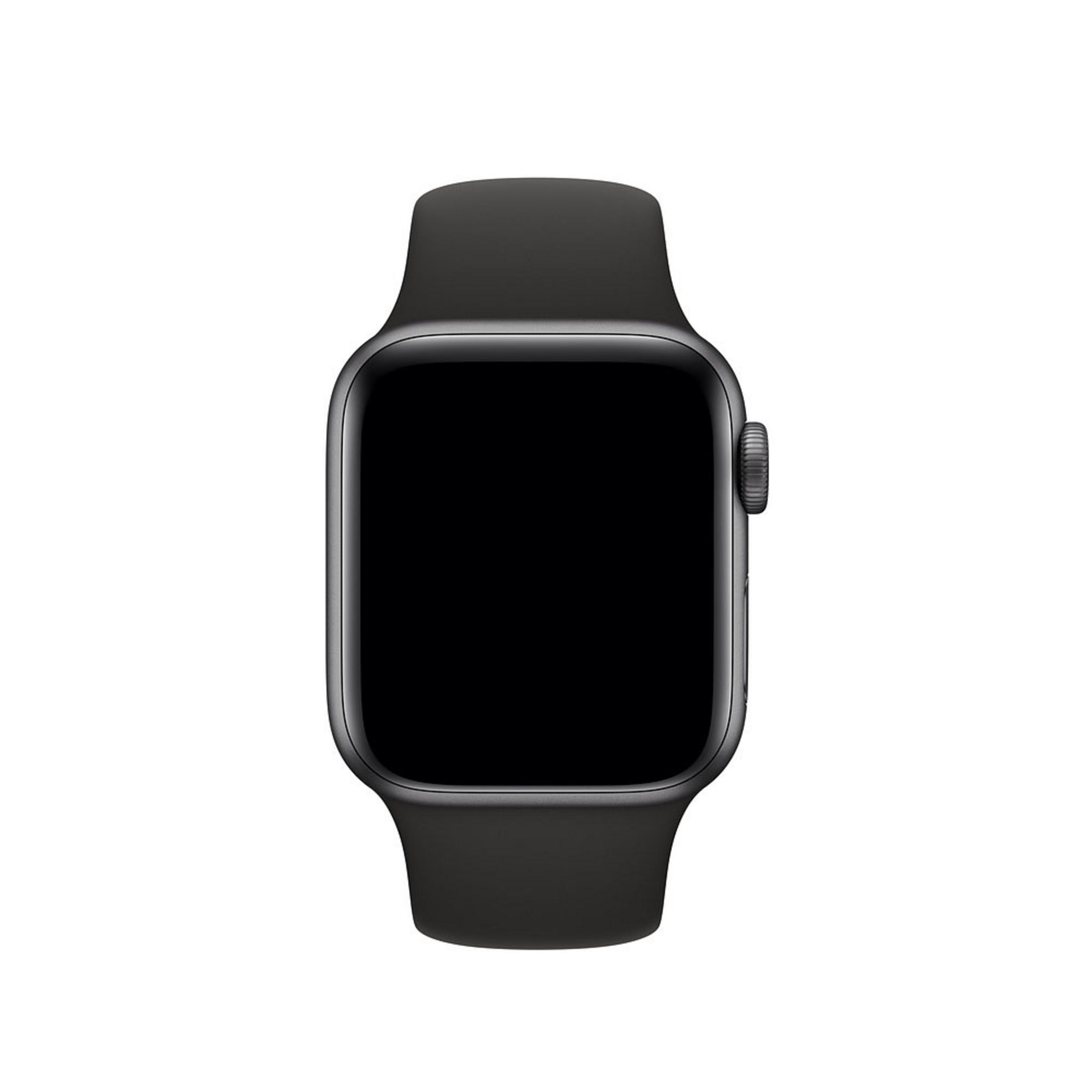 Czarny Apple Watch z czarnym paskiem. Ekran jest czarny.