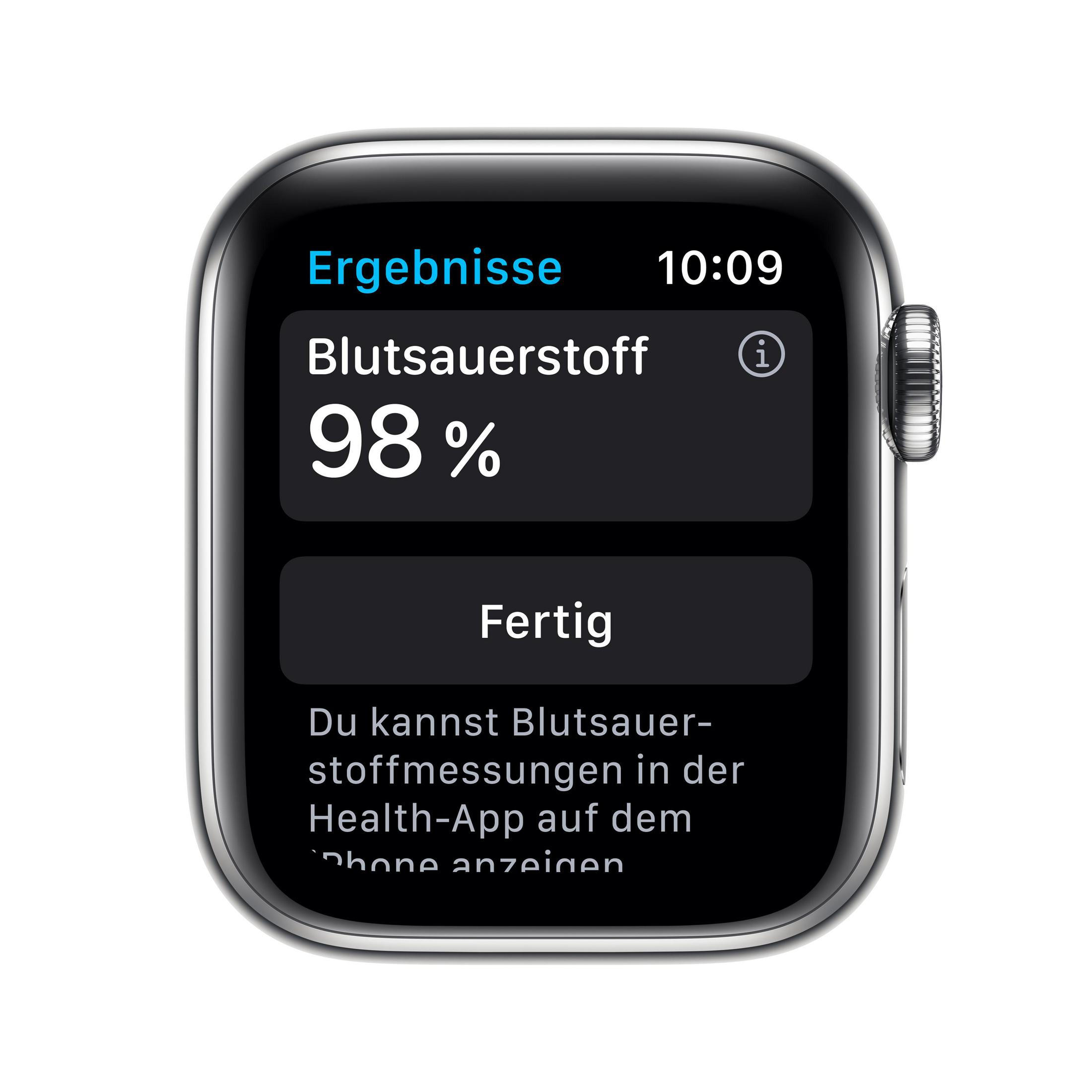 Apple Watch Bildschirm mit Blutsauerstoff 98% und dem Wort "Fertig".