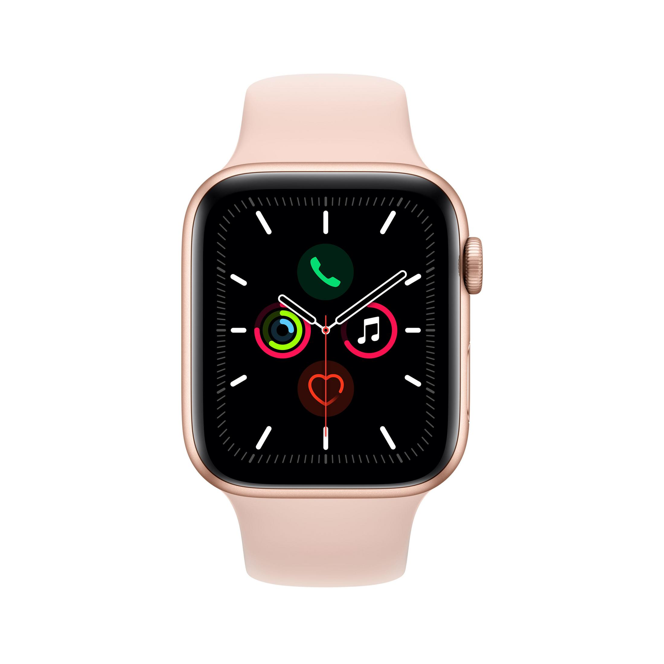 Roségoldene Apple Watch mit hellrosa Armband. Das Zifferblatt zeigt Apps. Der Hintergrund ist weiß.