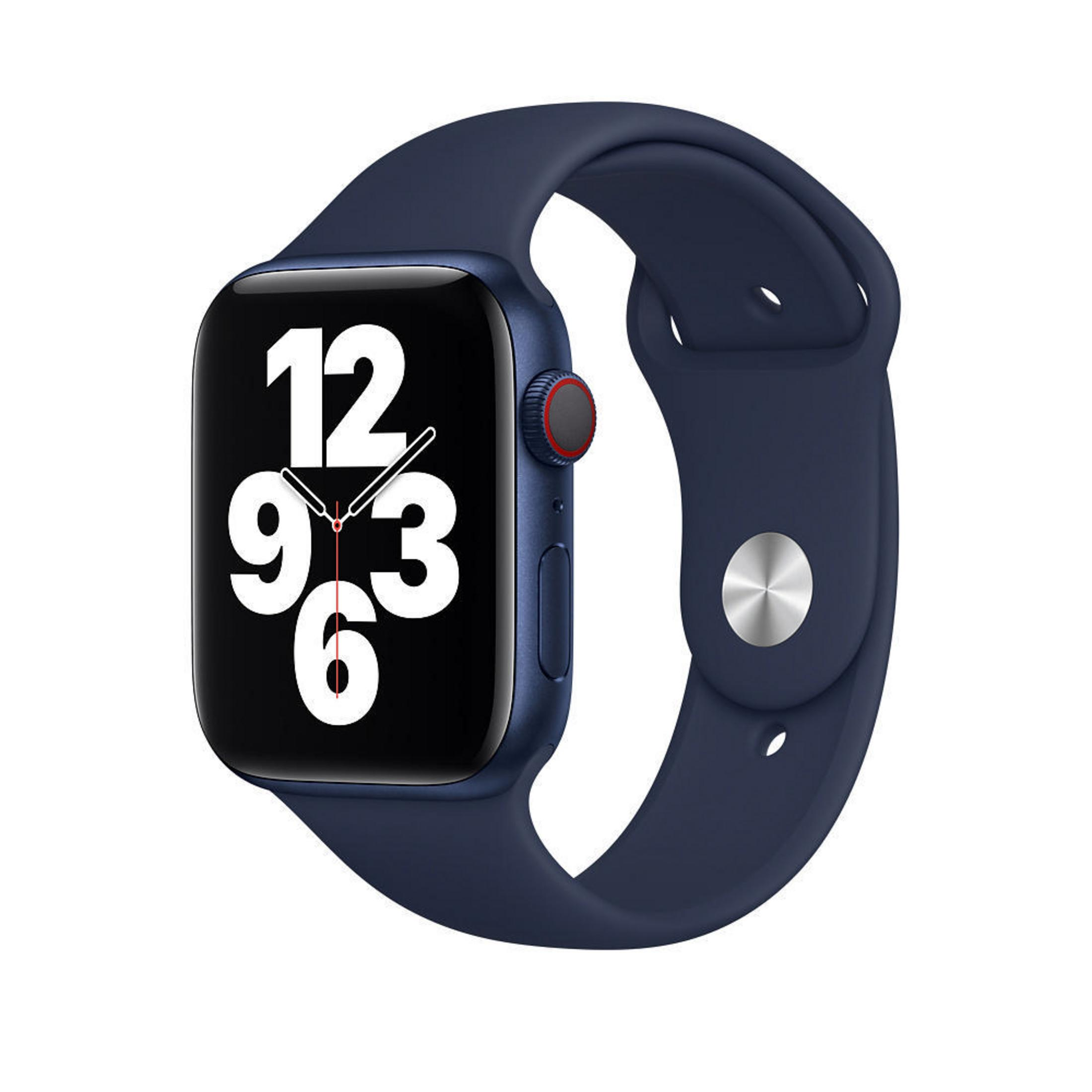 Apple Watch blu con cinturino blu. Visualizzazione dell'ora: 12:00.
