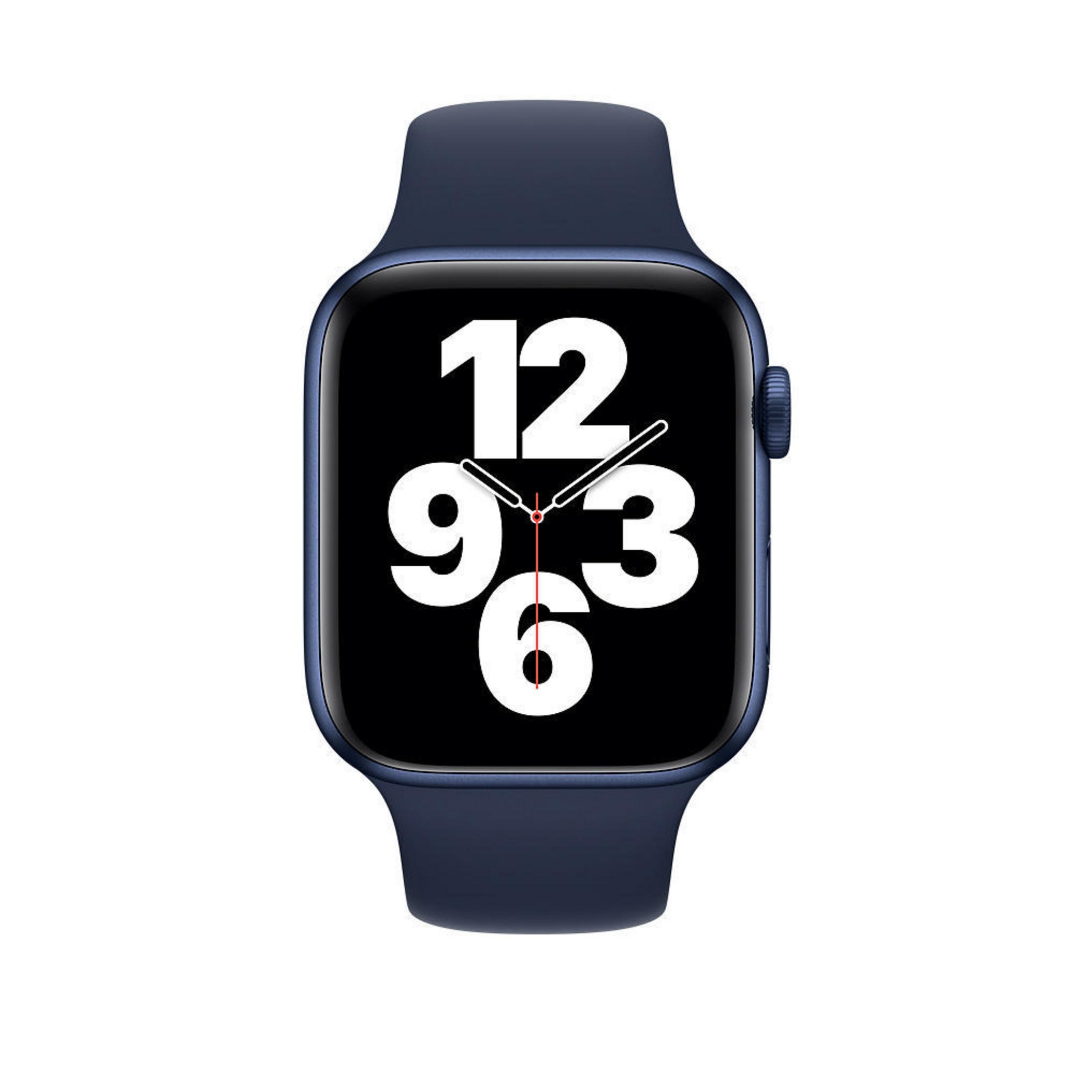 Apple Watch blu navy che mostra l'ora con numeri bianchi sul display.