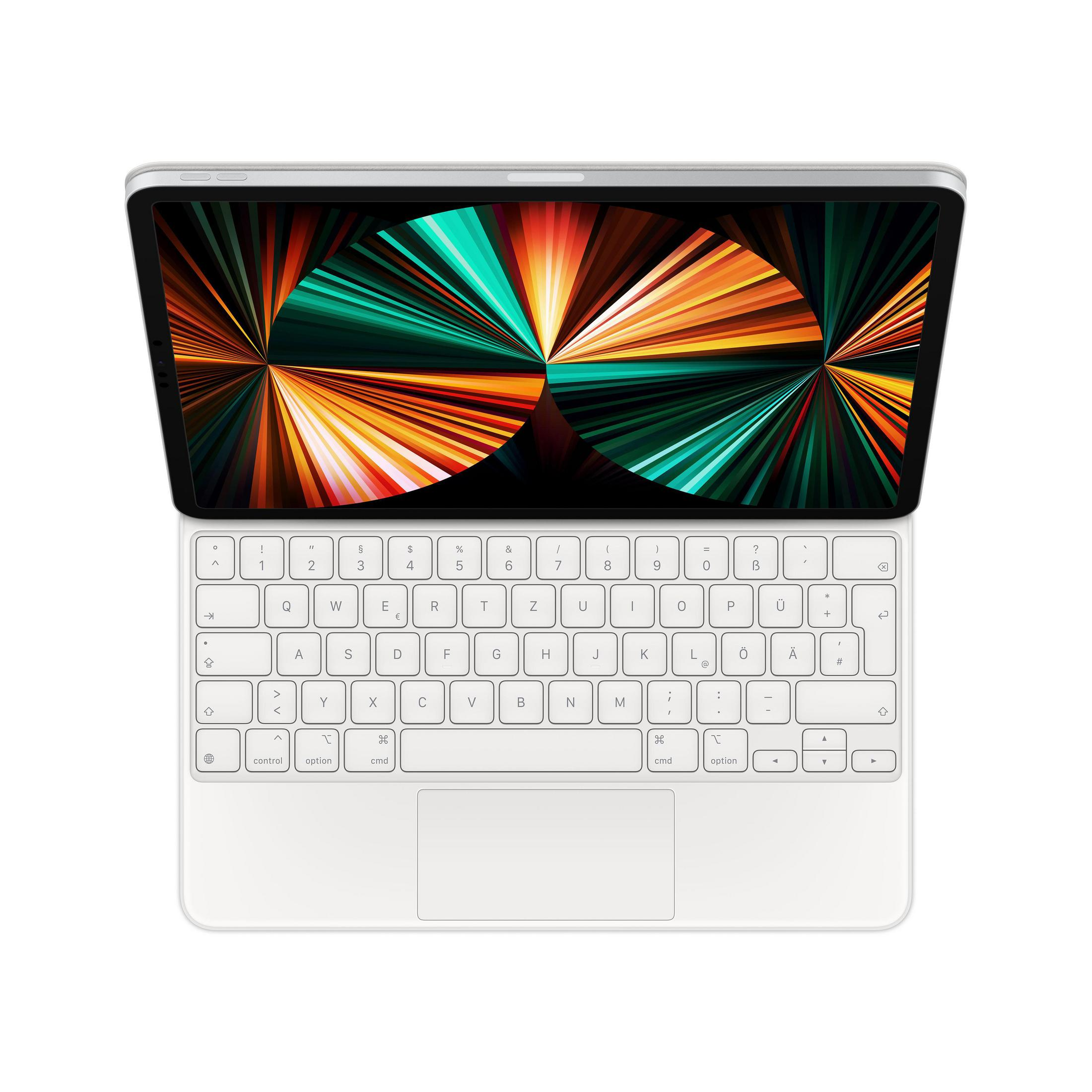 Un tablet con custodia per tastiera bianca, aperto su un display colorato.