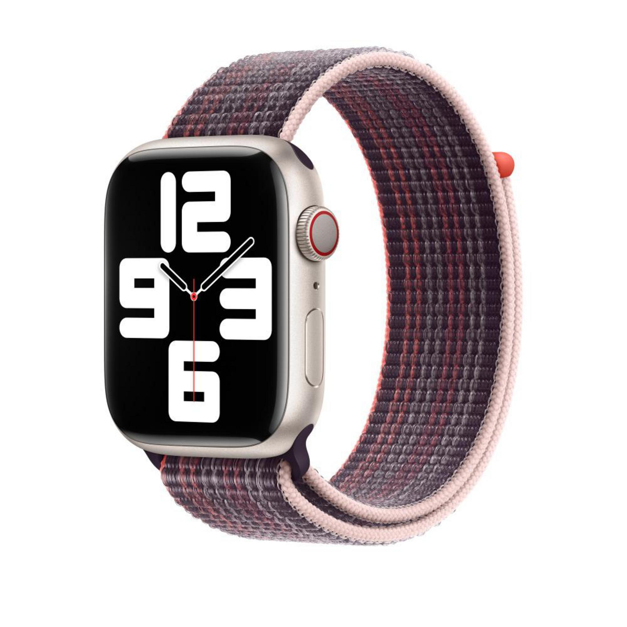 An Apple Watch with a black screen and a maroon and pink fabric band against a white background.