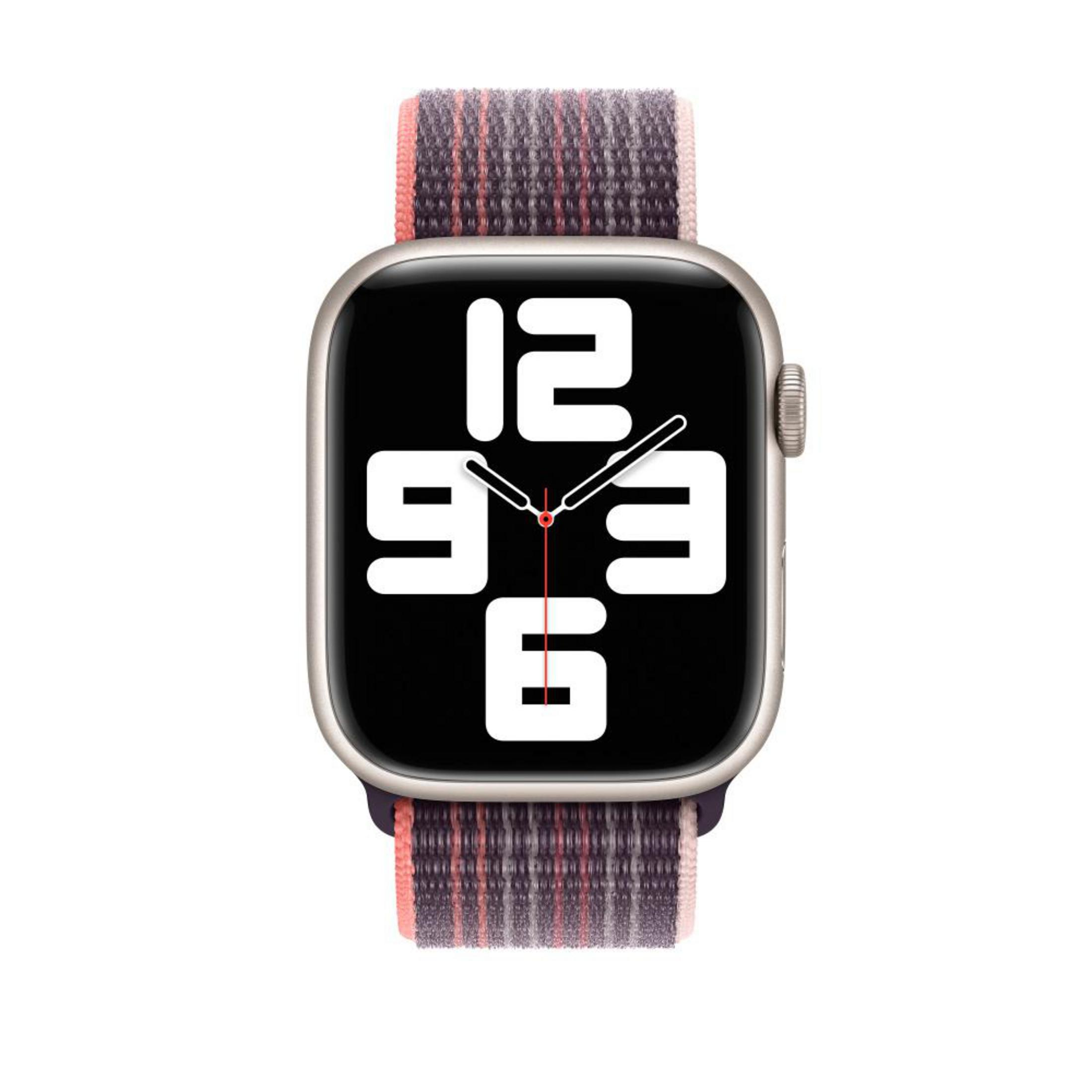 Silver Apple Watch with a colorful band, showing the time. The watch is on a white background.
