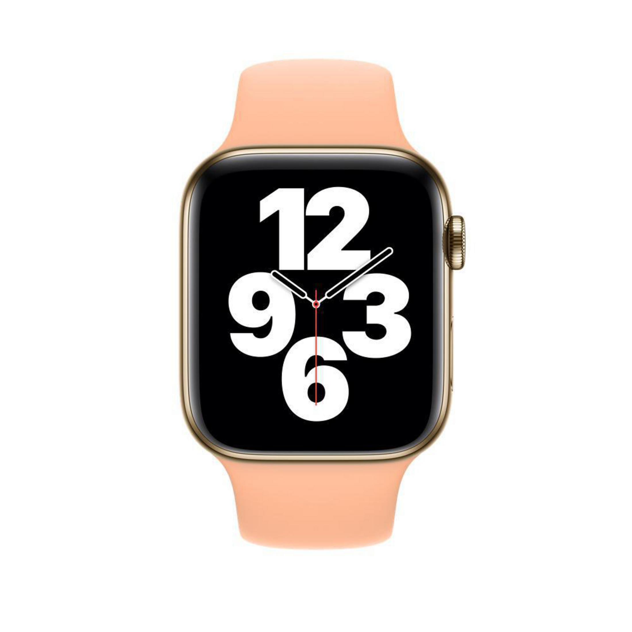 Apple Watch avec un bracelet couleur pêche, affichant l'heure.