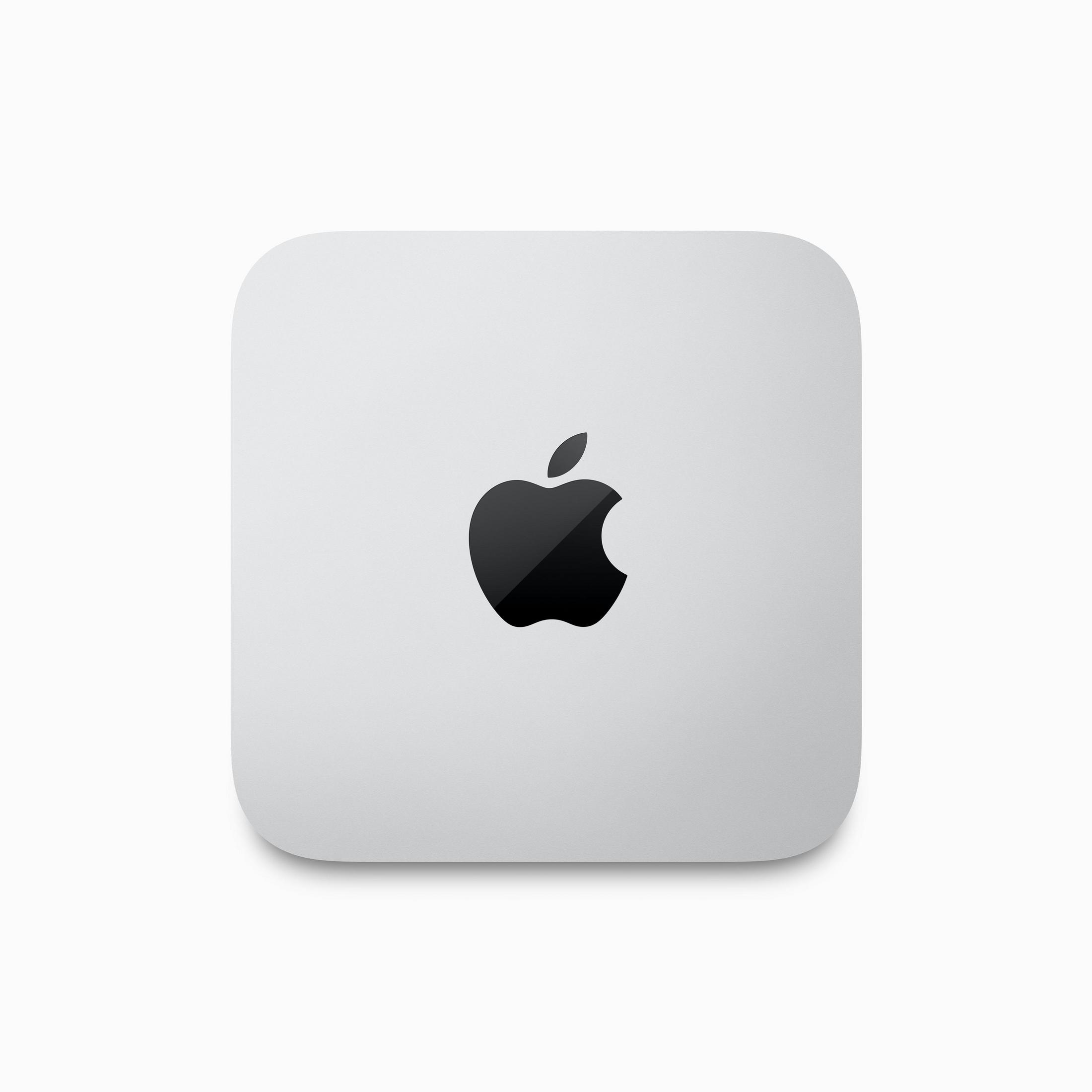 Apple Mac mini, mały kwadratowy komputer z czarnym logo Apple na białej powierzchni.