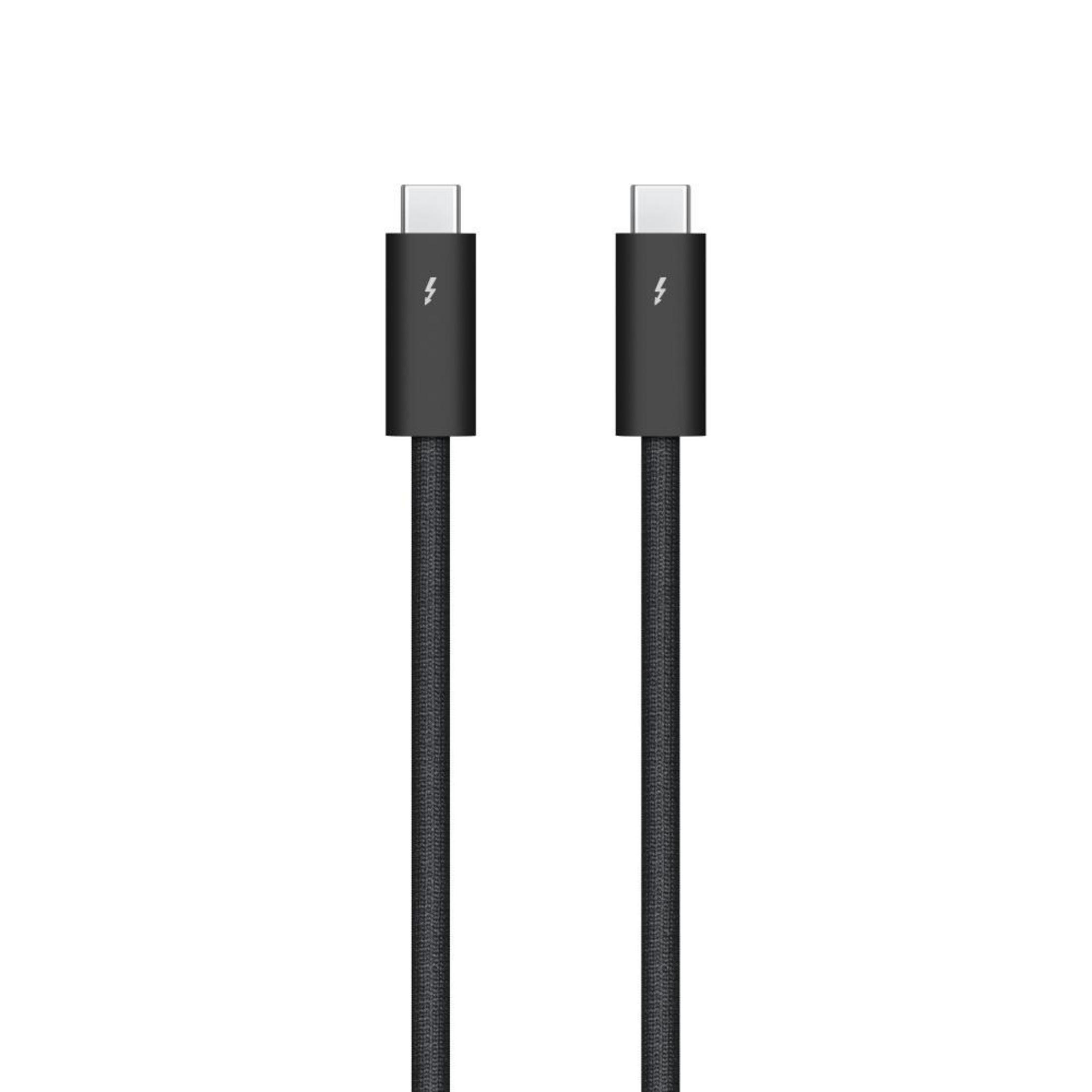 Câble Thunderbolt noir avec deux connecteurs USB-C. Fond blanc.