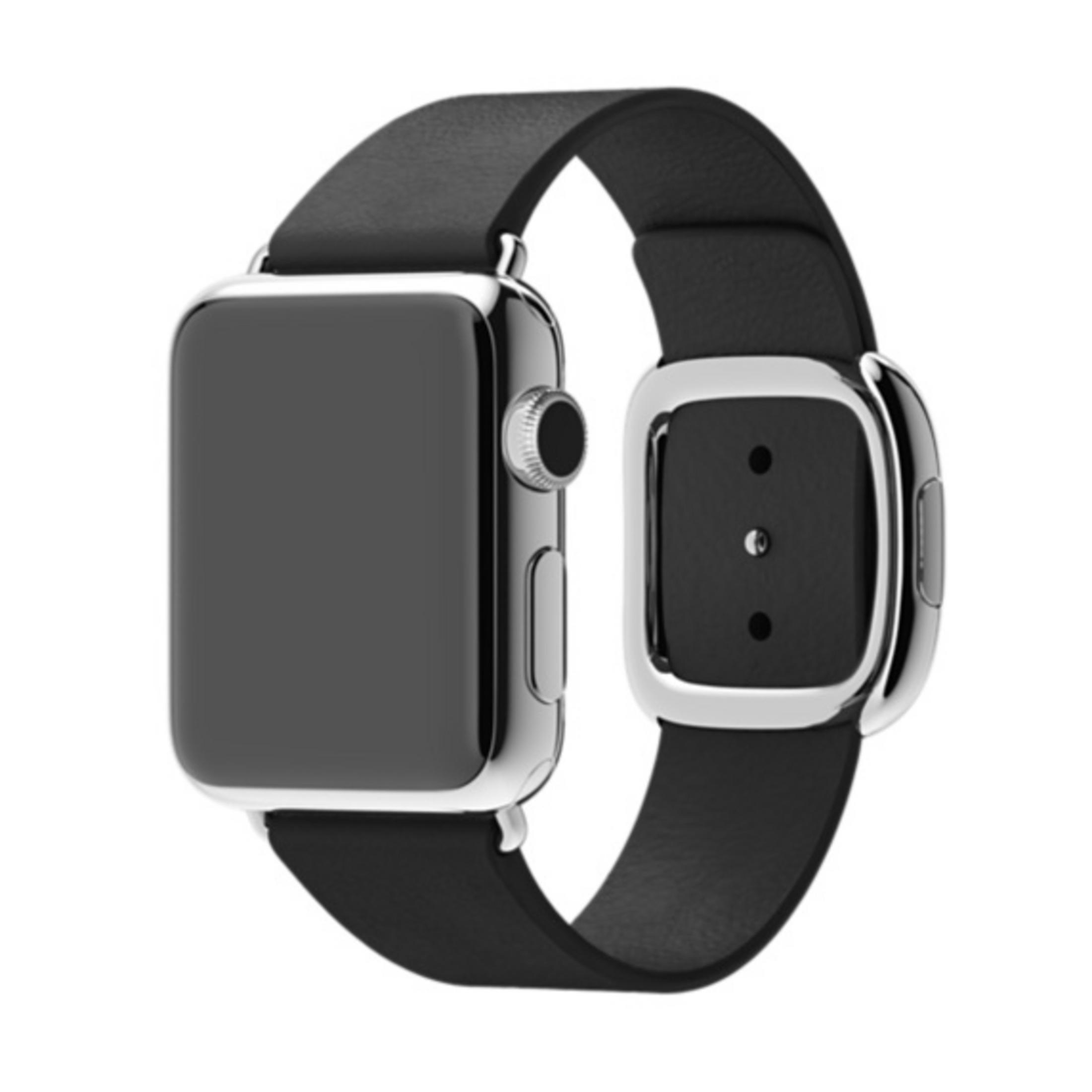 Srebrny Apple Watch z czarnym skórzanym paskiem i srebrną klamrą.