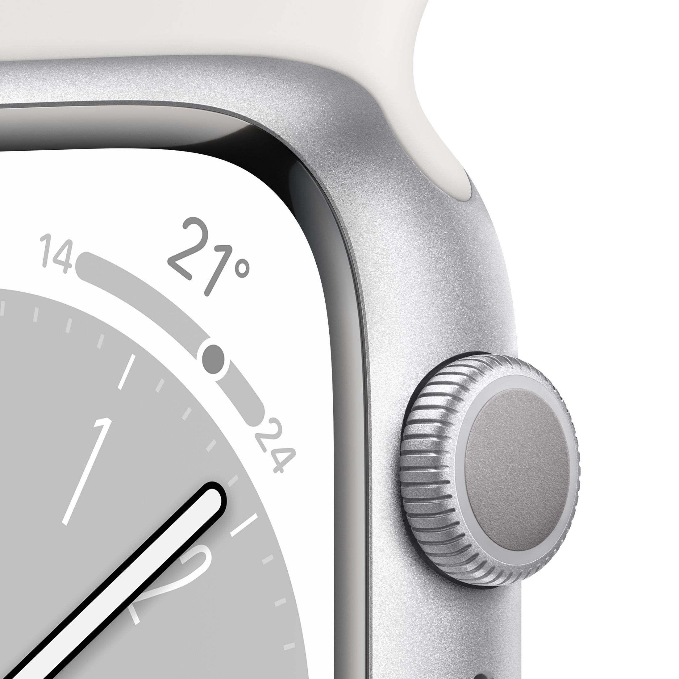 Nahaufnahme einer silbernen Smartwatch. Zeigt Zeit und Temperatur. Weißer Hintergrund, schwarze Digitalanzeige.