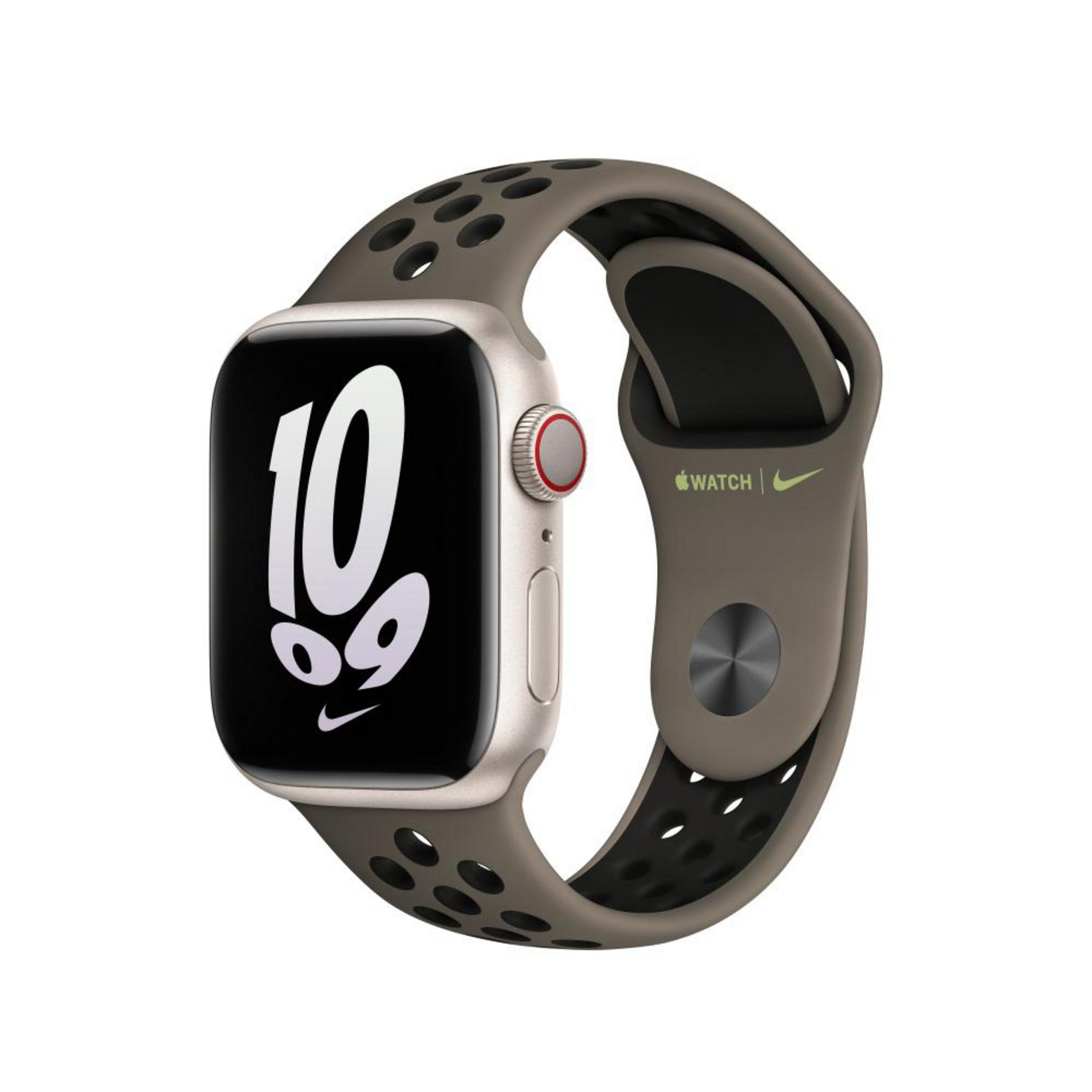 An Apple Watch with a tan band, a black watch face, and the Nike logo.