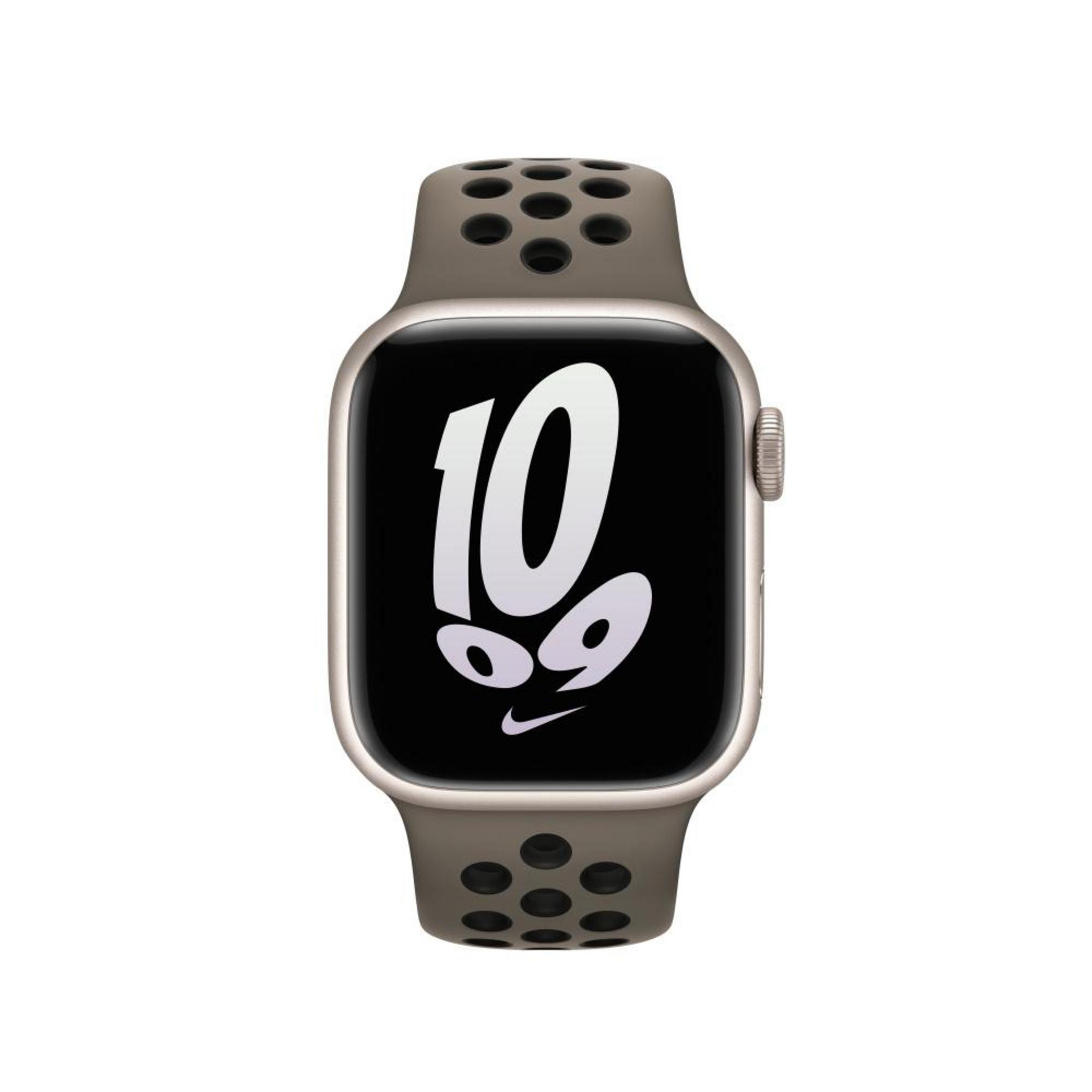 Apple Watch with a gray and perforated strap displaying the number 10 on its screen.