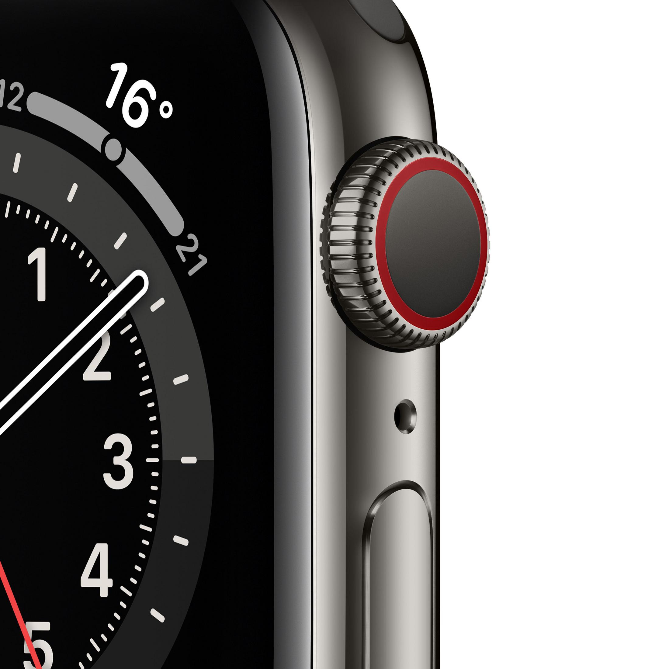 Nahaufnahme einer Apple Watch. Zeigt die Seite mit der digitalen Krone.