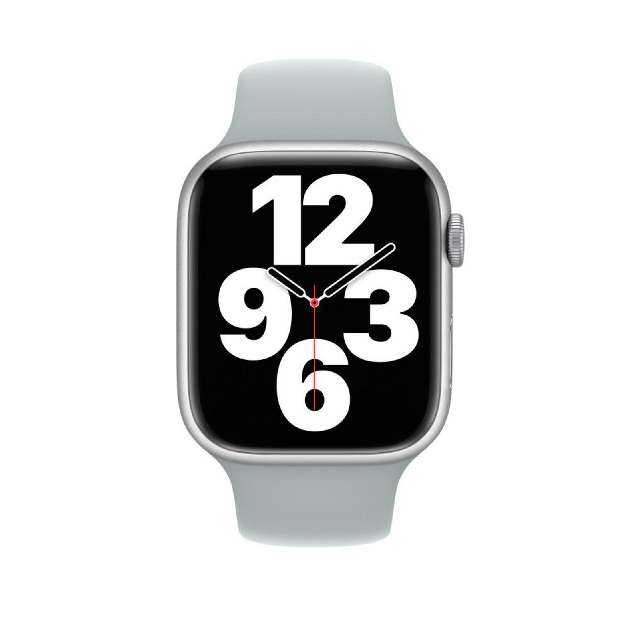 Apple Watch, bracelet gris, écran noir affichant l'heure : 12:03:06. Cadre argenté, fond blanc.