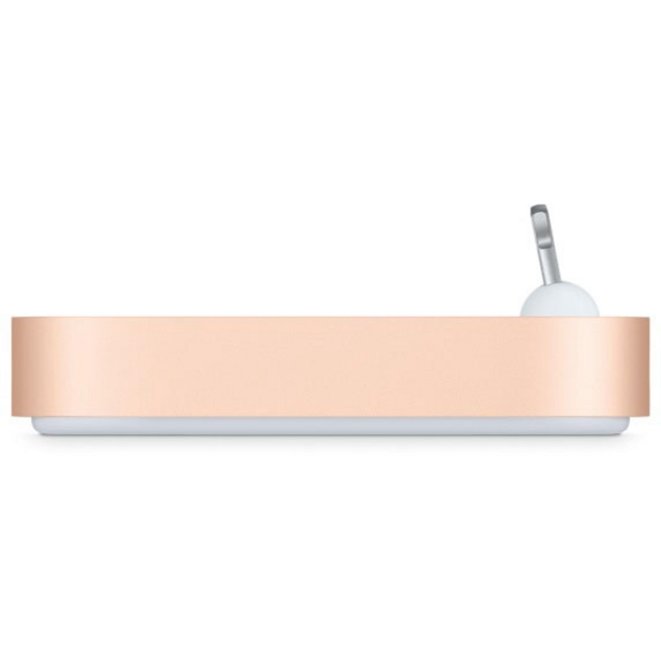 Roségoldfarbener Ladeständer mit weißer Basis, der einen weißen Ohrhörer und ein Ladekabel hält.