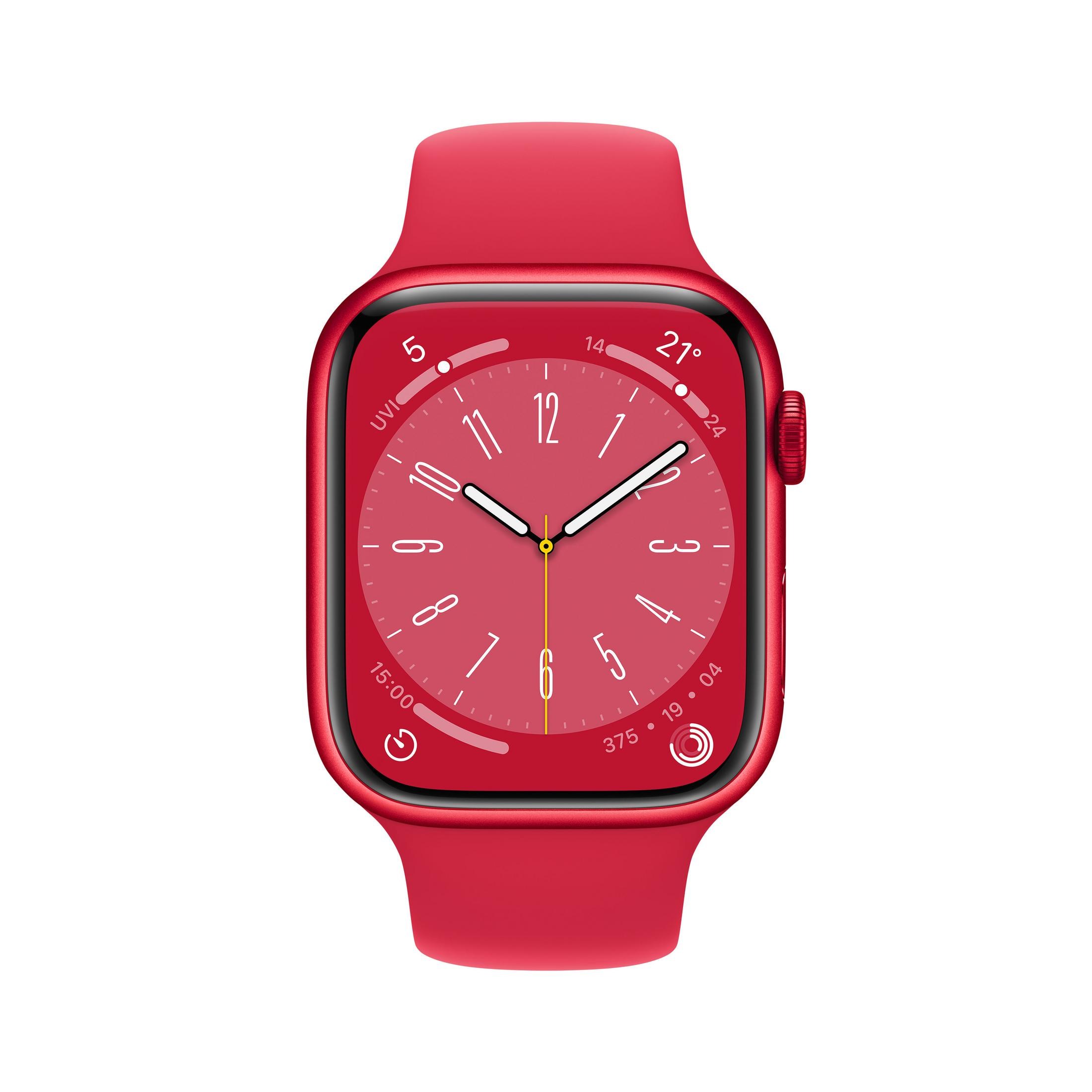 Een rode Apple Watch met een bijpassende rode band. De wijzerplaat toont de tijd.