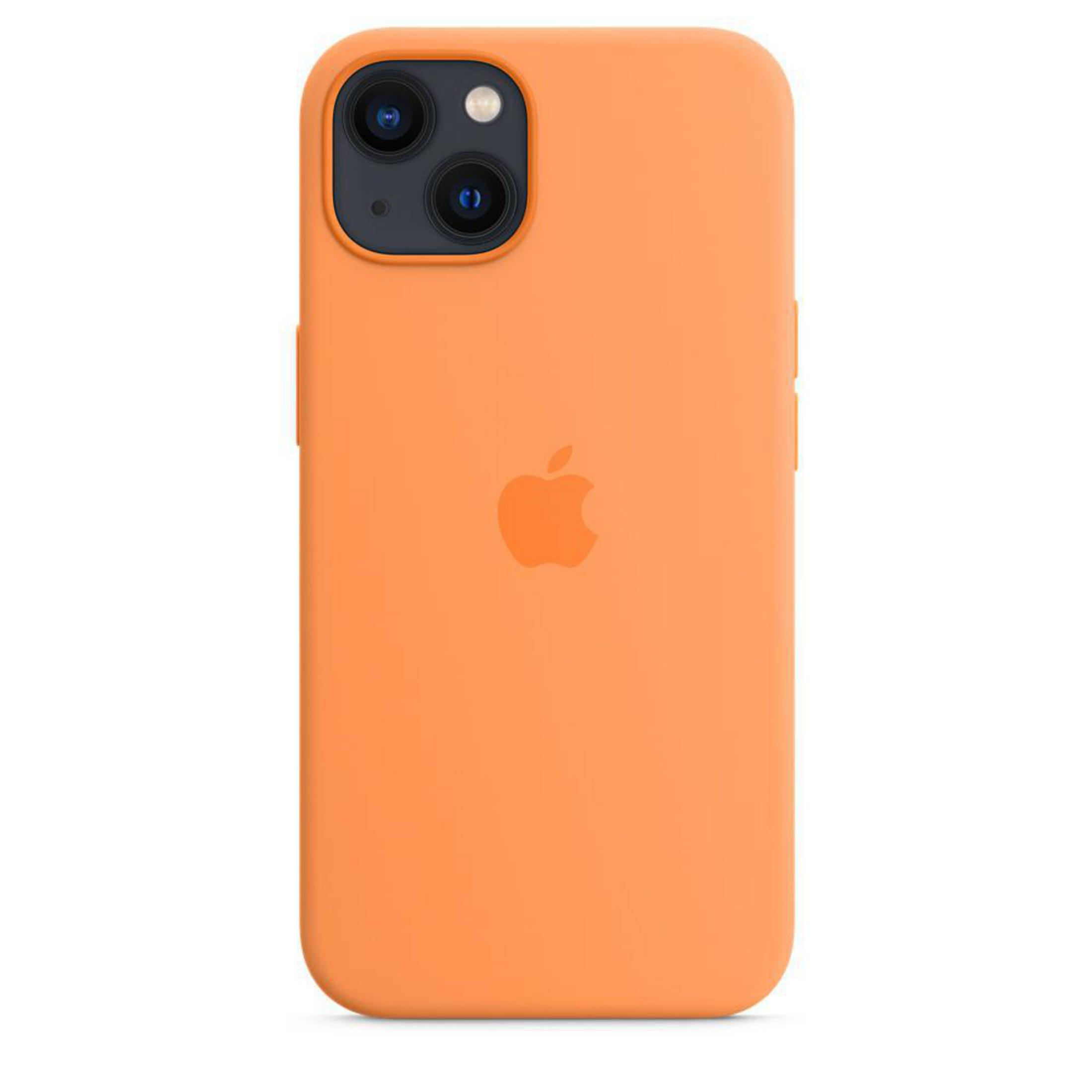 Eine orangefarbene iPhone-Hülle mit dem Apple-Logo, vor weißem Hintergrund.