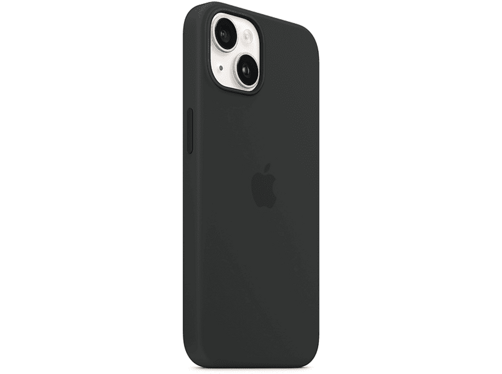 Czarny iPhone ze skórzanym etui, pokazujący tył z logo Apple i aparatem.