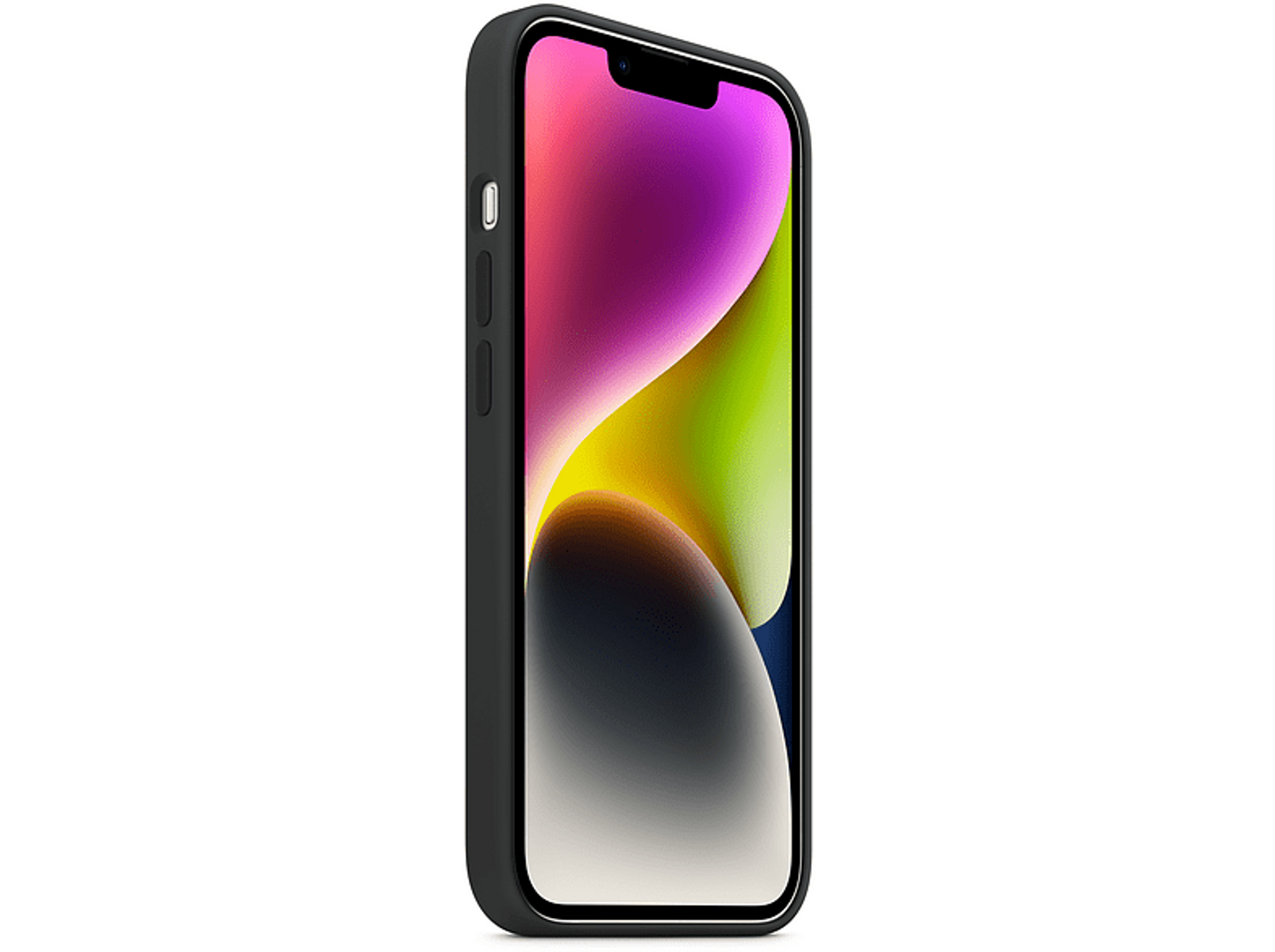 iPhone w czarnym etui, ekran z gradientem różu, żółci i błękitu.