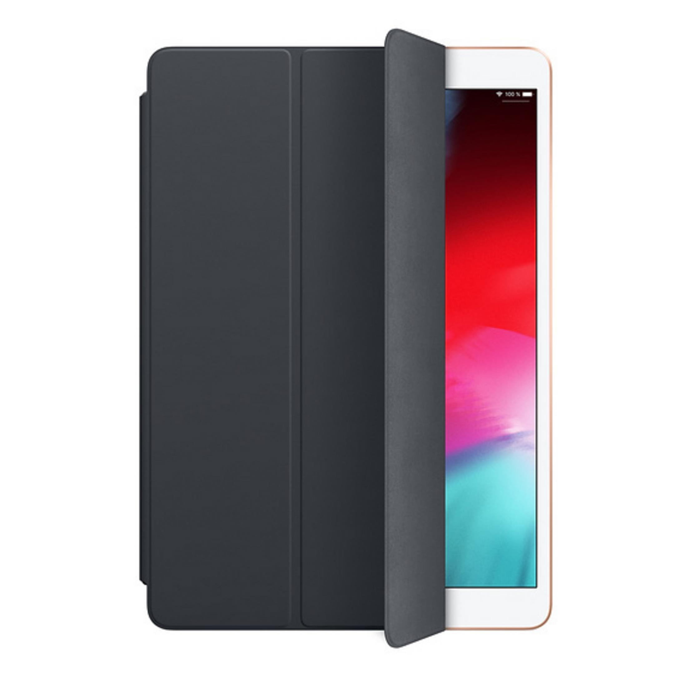 iPad mit geöffneter dunkelblauer Hülle. Roter und weißer Bildschirm sichtbar. Goldener Rahmen.