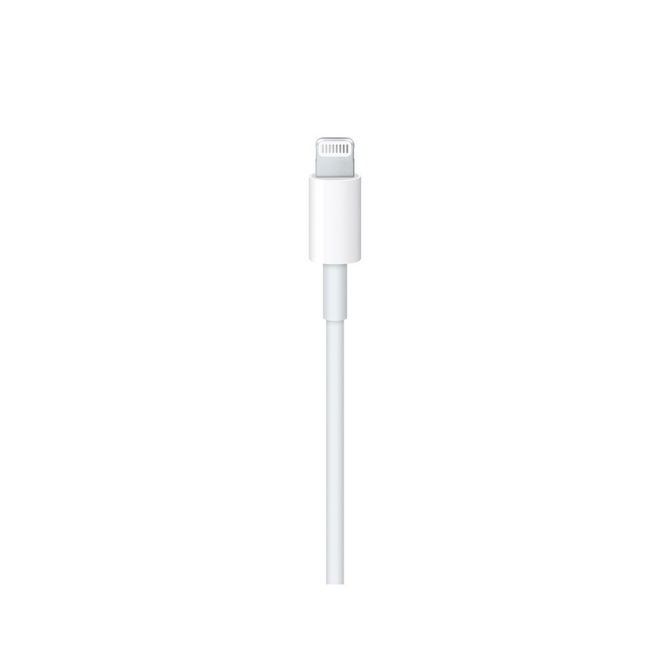 Weißes Lightning-Kabel mit Stecker, Nahaufnahme auf weißem Hintergrund.