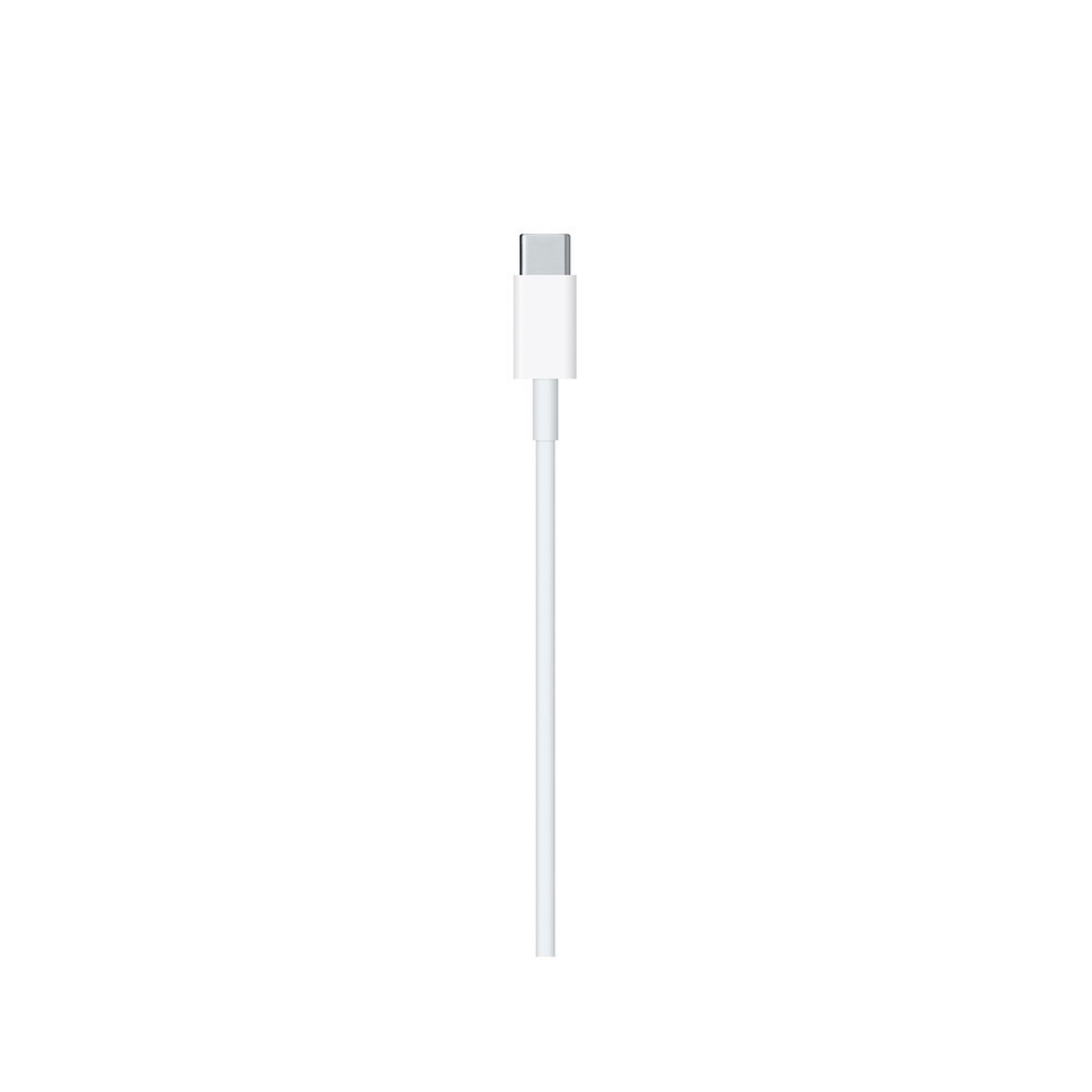 Ein weißes USB-C-Kabel mit weißem Stecker, vor weißem Hintergrund.
