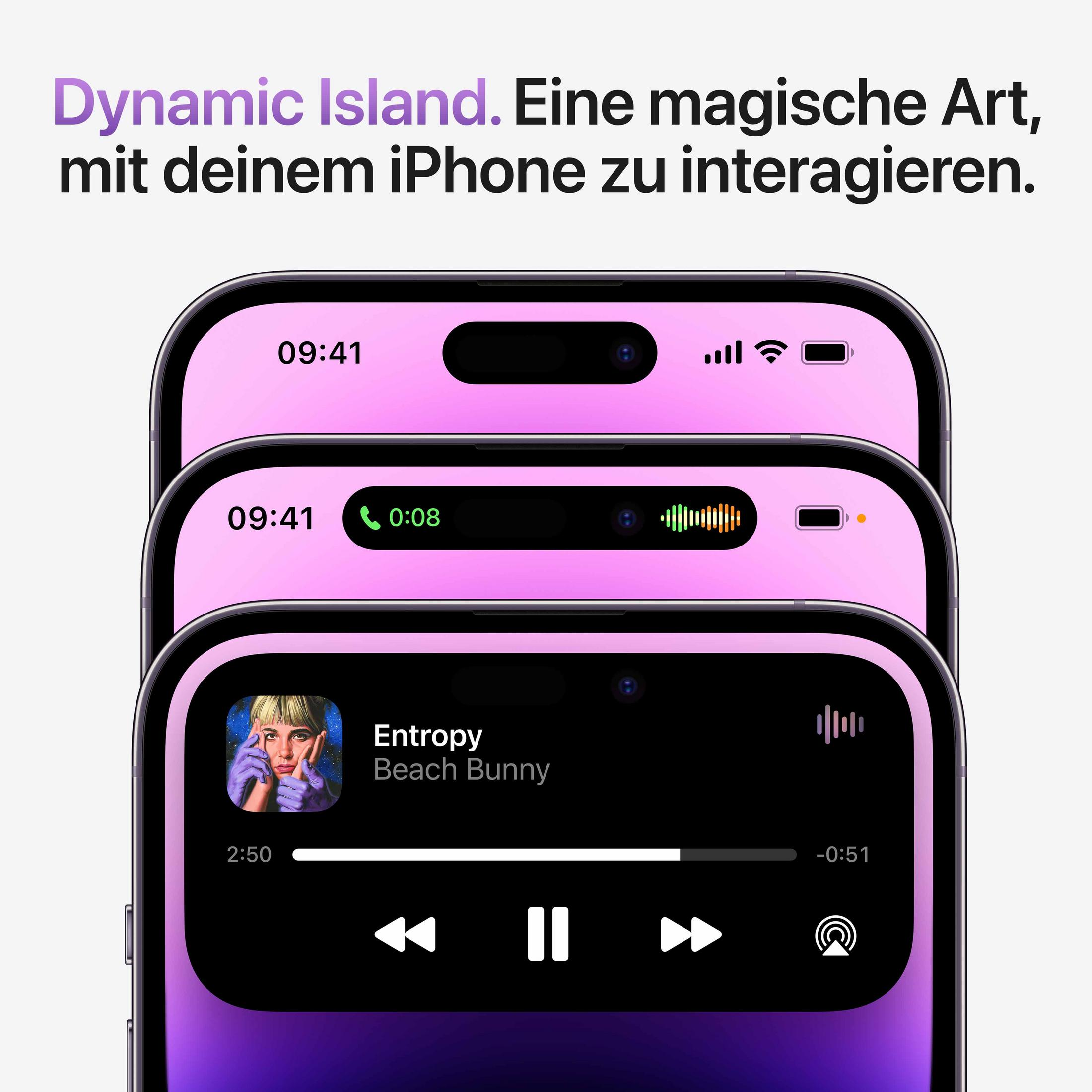 Trzy iPhone'y wyświetlające różne interfejsy, z tekstem o Dynamic Island i muzyce.