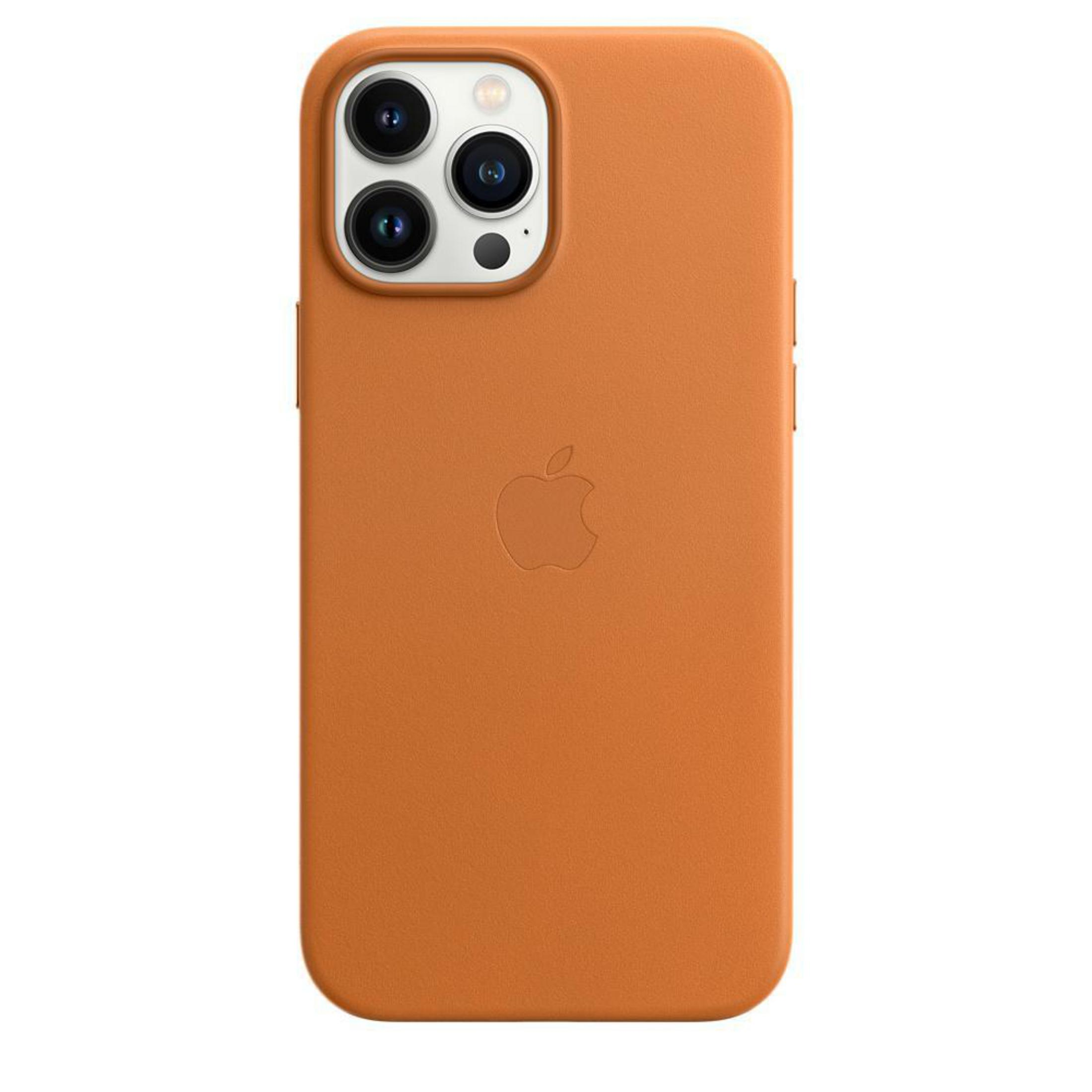 Orangene Leder-Handyhülle mit Kameraausschnitt und Apple-Logo. Weißer Hintergrund.