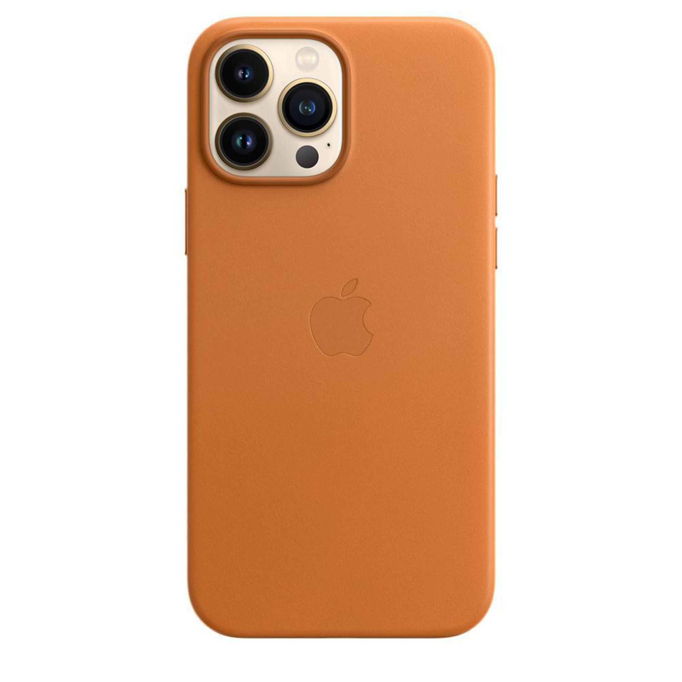 Orangene Handyhülle mit Kameraausbuchtung. Zeigt das Apple-Logo. Sauberes, einfaches Design.