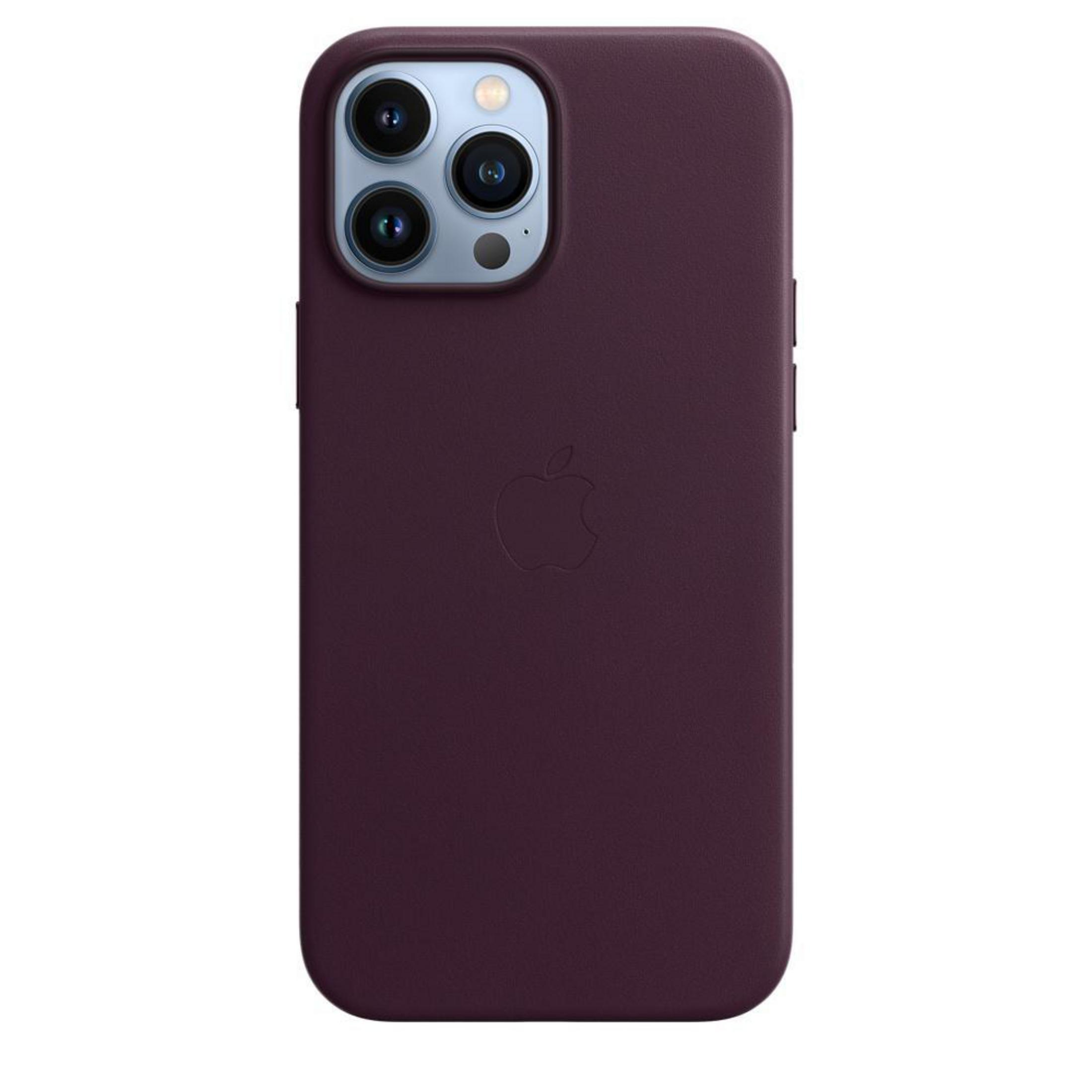 Purple iPhone case with Apple logo and camera. White background.