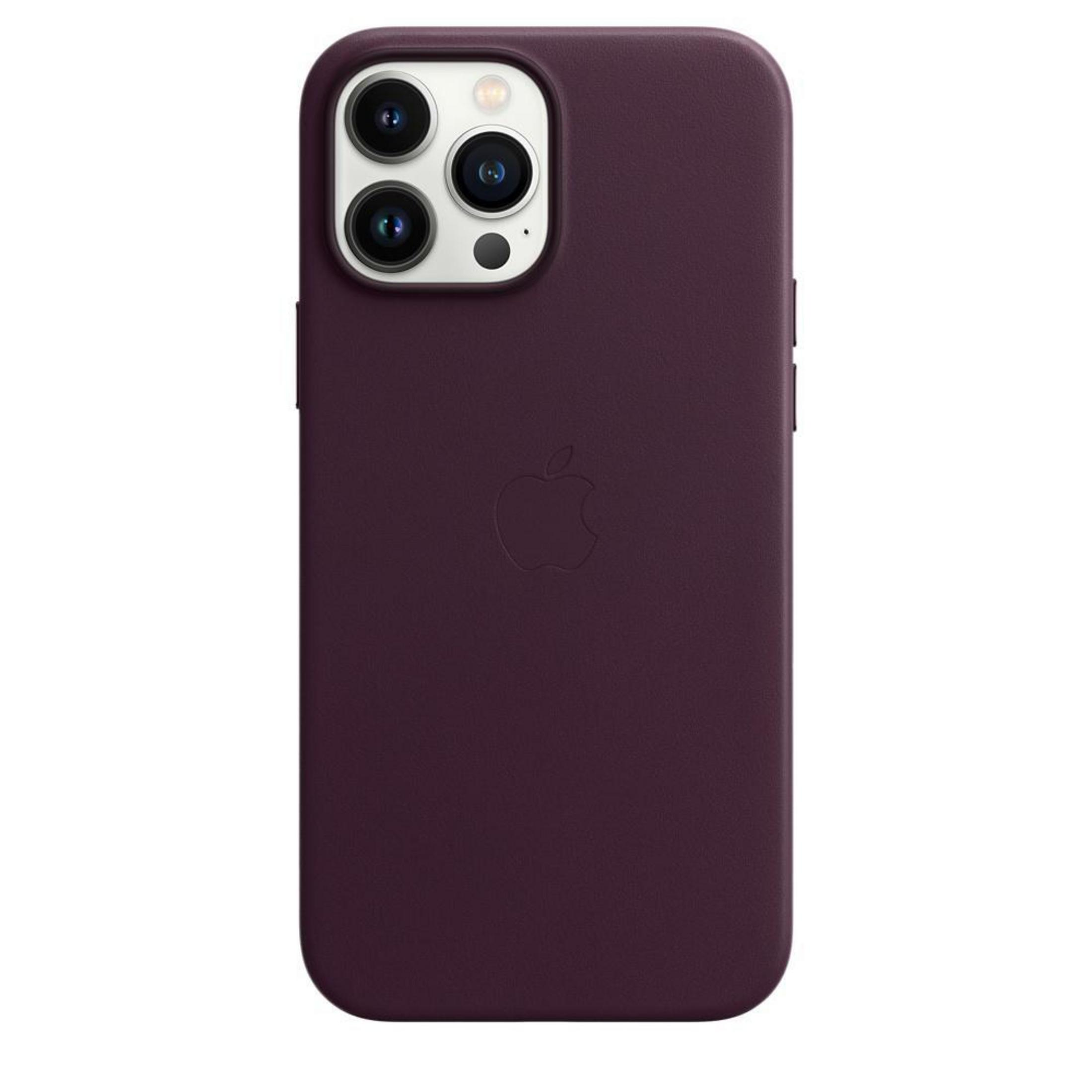 Purple iPhone case with three camera lenses. Apple logo. White background.