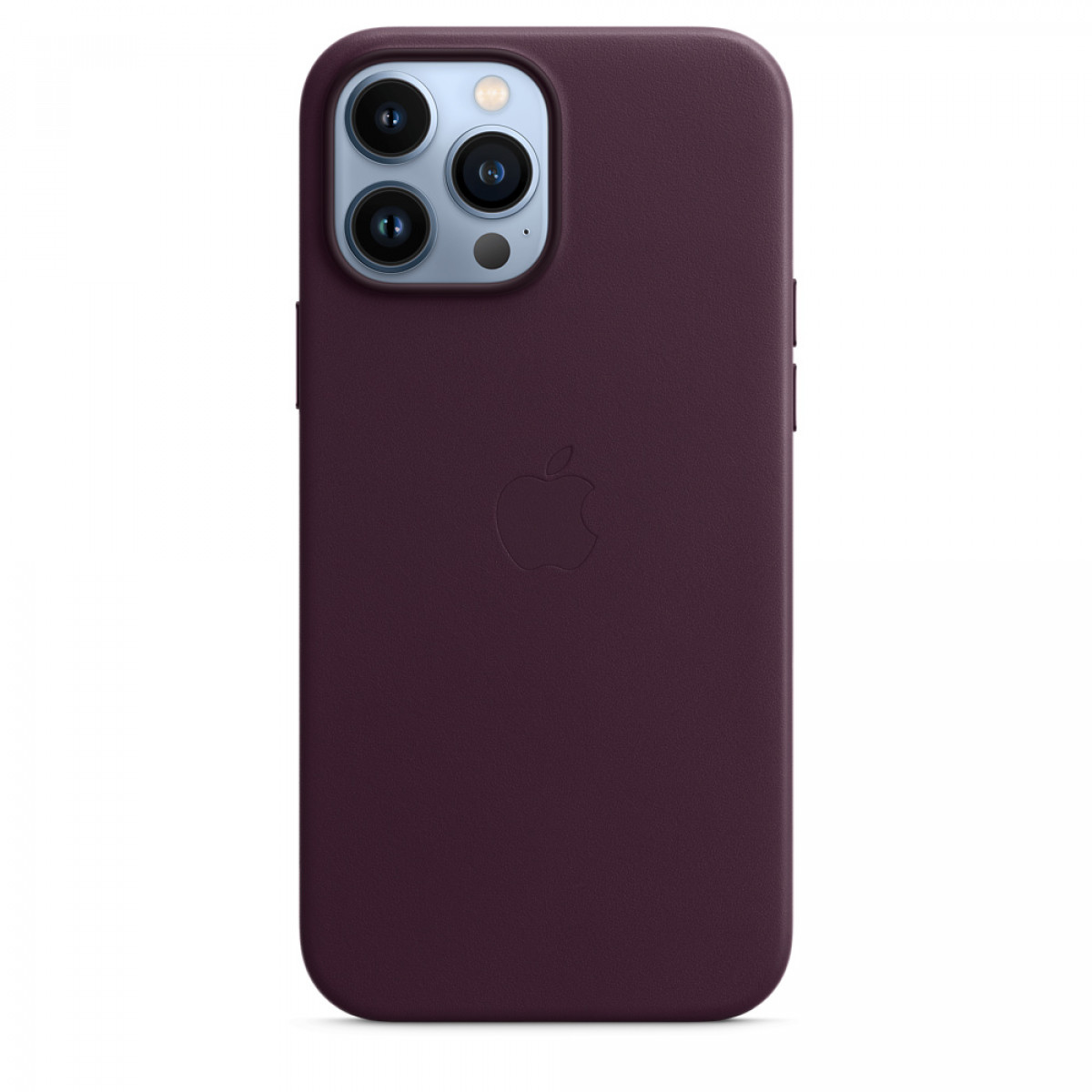 A purple iPhone with three camera lenses on the back.