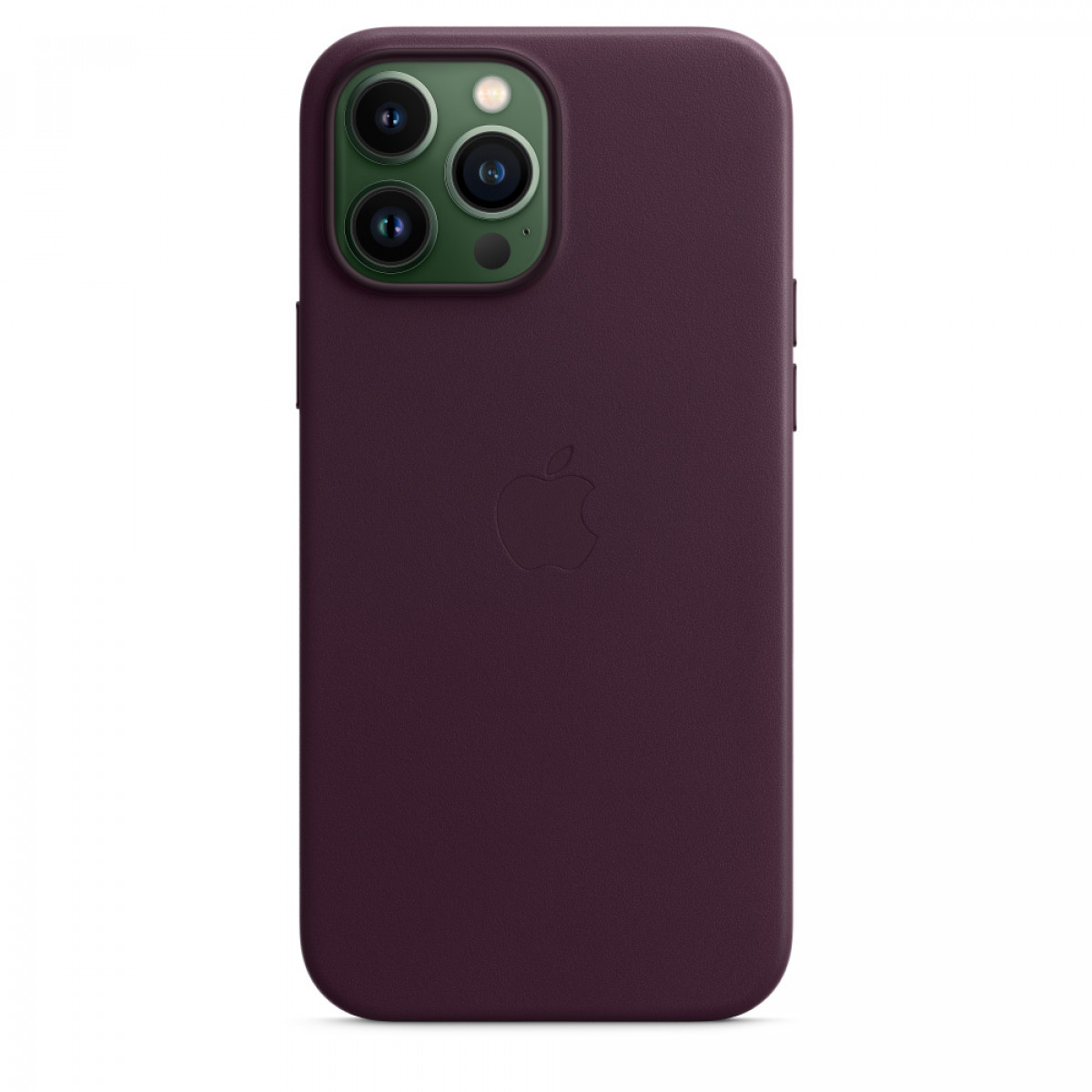 A purple iPhone case with three camera lenses. An Apple logo is in the center of the back.