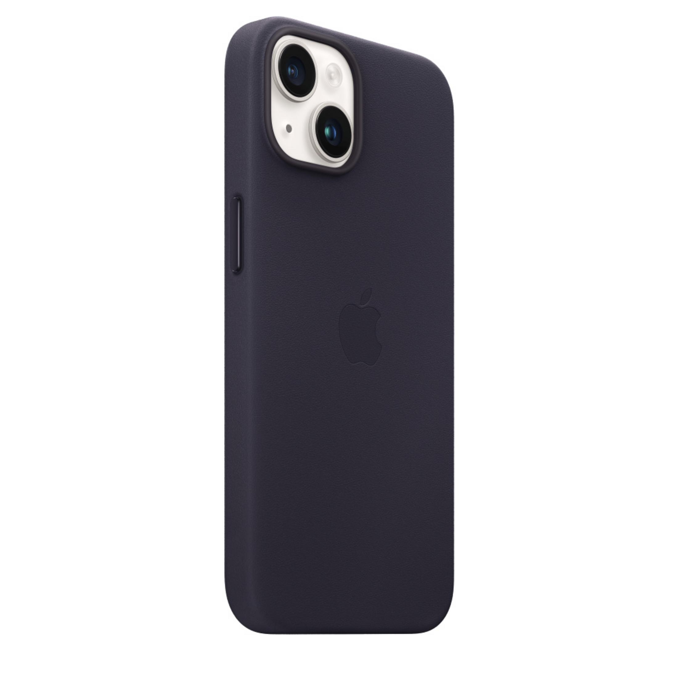 Donkerblauwe iPhone-hoes met camerabult, Apple-logo, op een witte achtergrond. Schuine weergave.