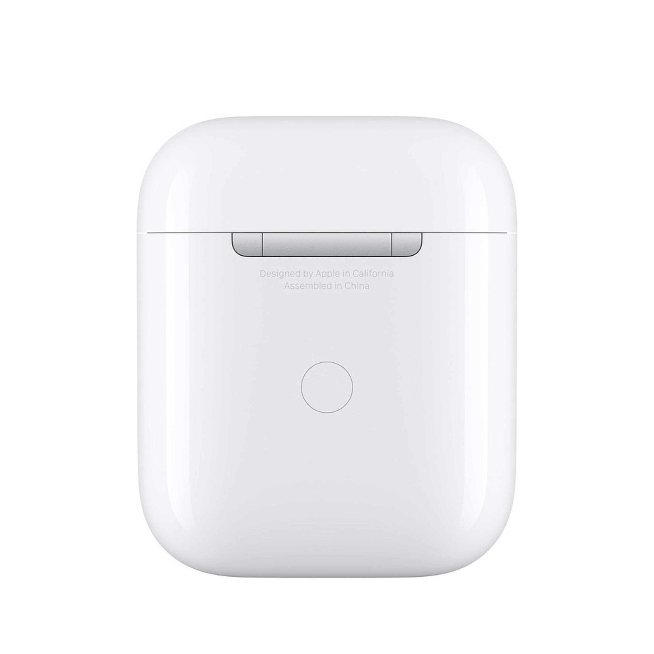 Weißes AirPods-Ladecase mit Apple-Logo und Knopf auf der Vorderseite.