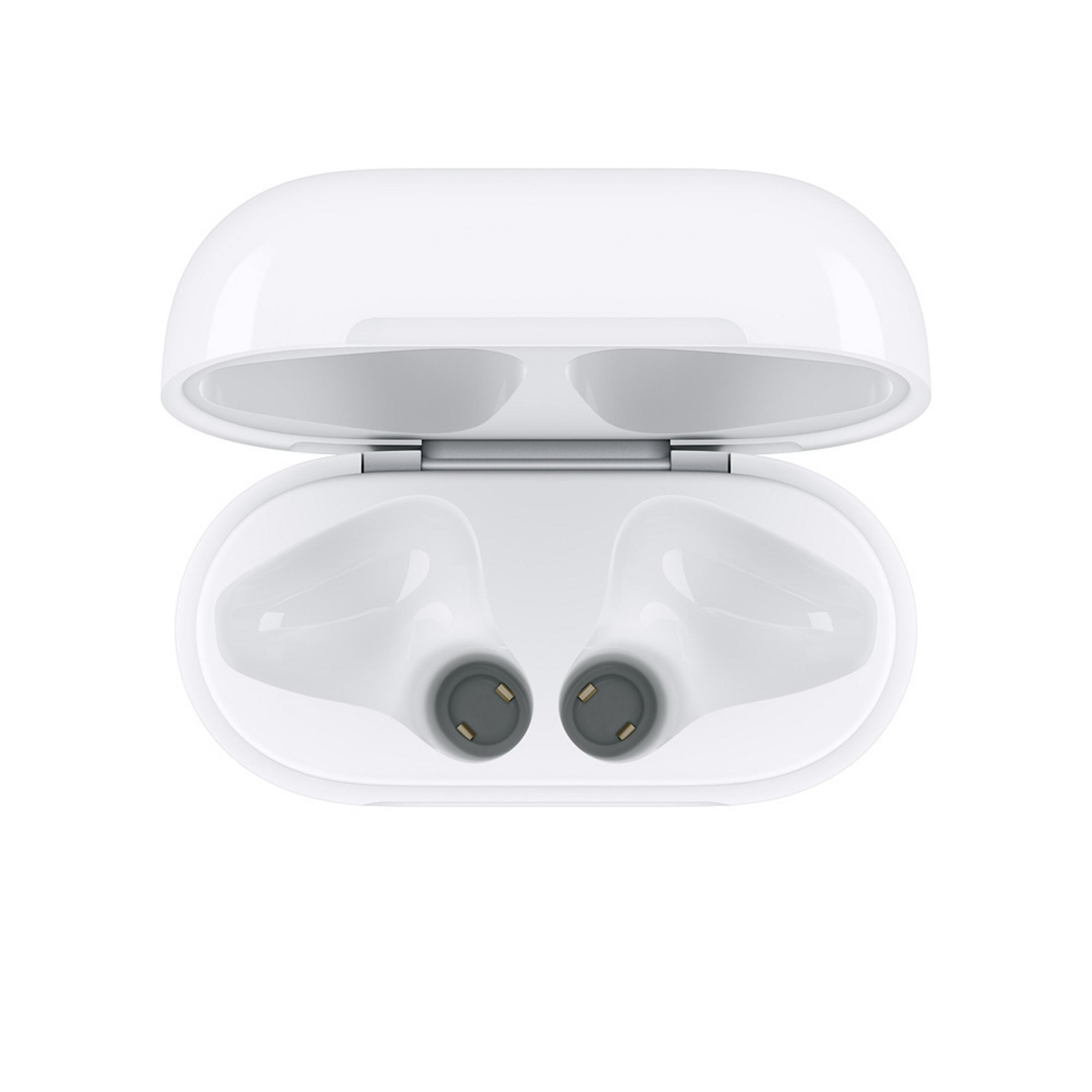 Weißes AirPods-Etui, geöffnet, mit den Ohrhörern darin.