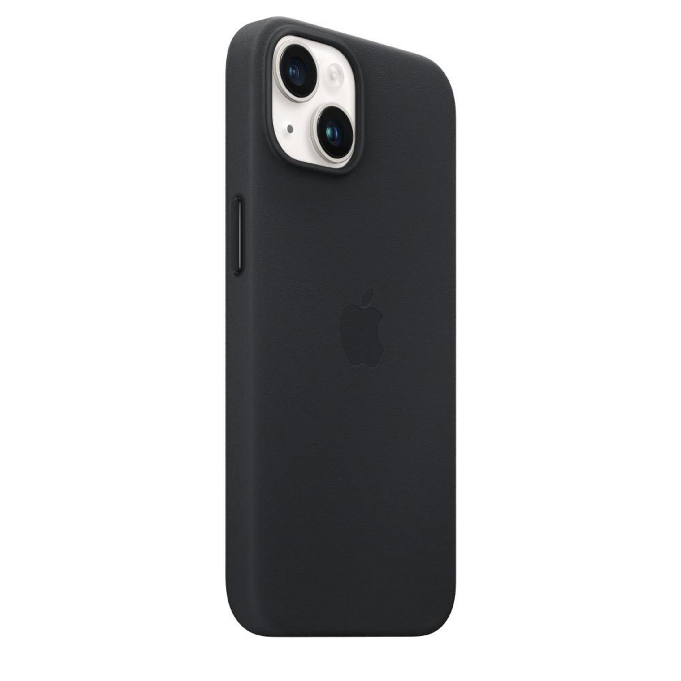 Une coque iPhone noire avec le logo Apple. La caméra du téléphone est visible. La coque est de couleur unie.